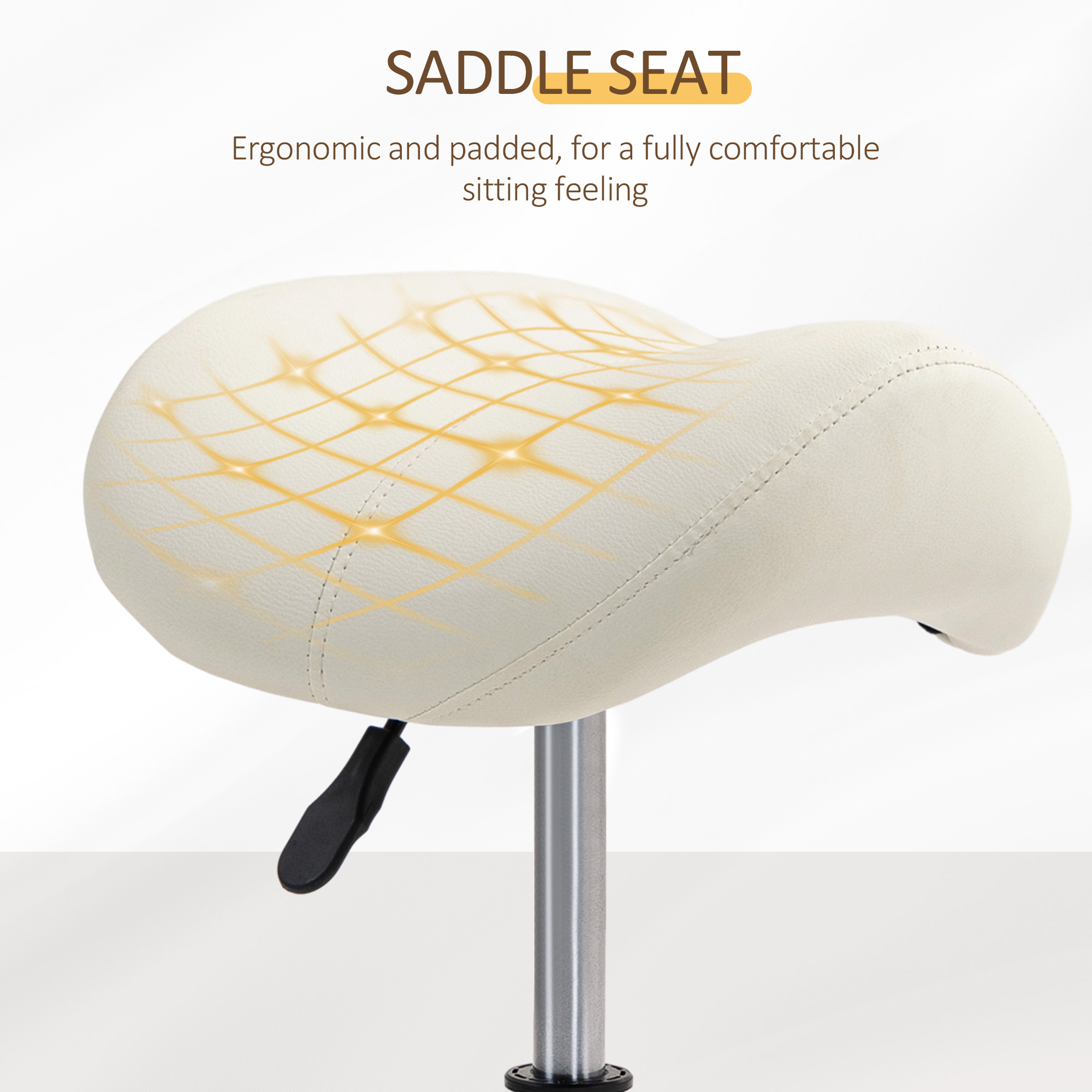 HOMCOM Saddle Stool, PU Leather Adjustable Rolling Salon Chair with Steel Frame for Massage, Spa, Beauty and Tattoo, White 6