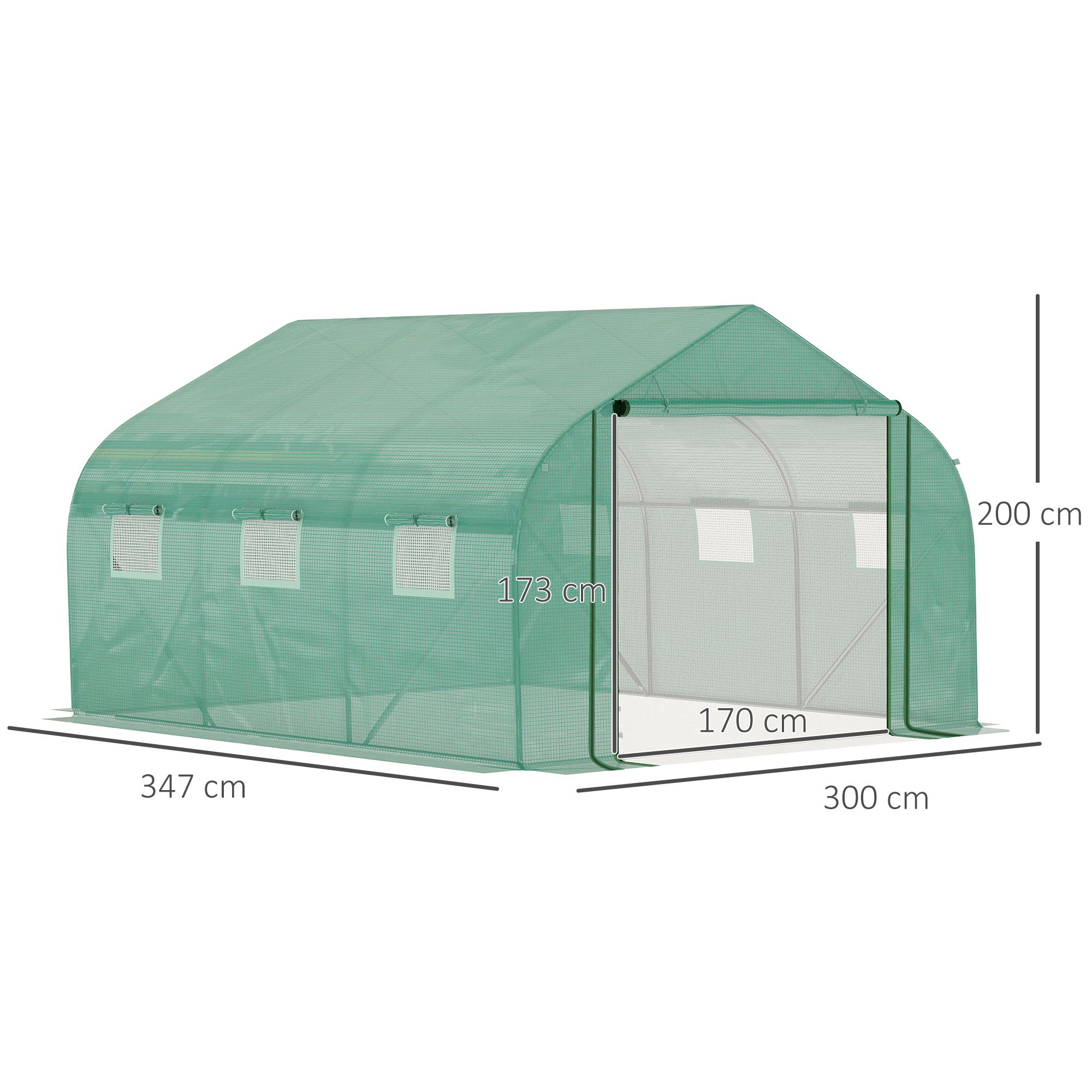 Outsunny Walk-in Polytunnel Garden Greenhouse, Outdoor Mesh Door Greenhouse with PE Cover and 6 Windows, 3.5 x 3 x 2m, Green 3
