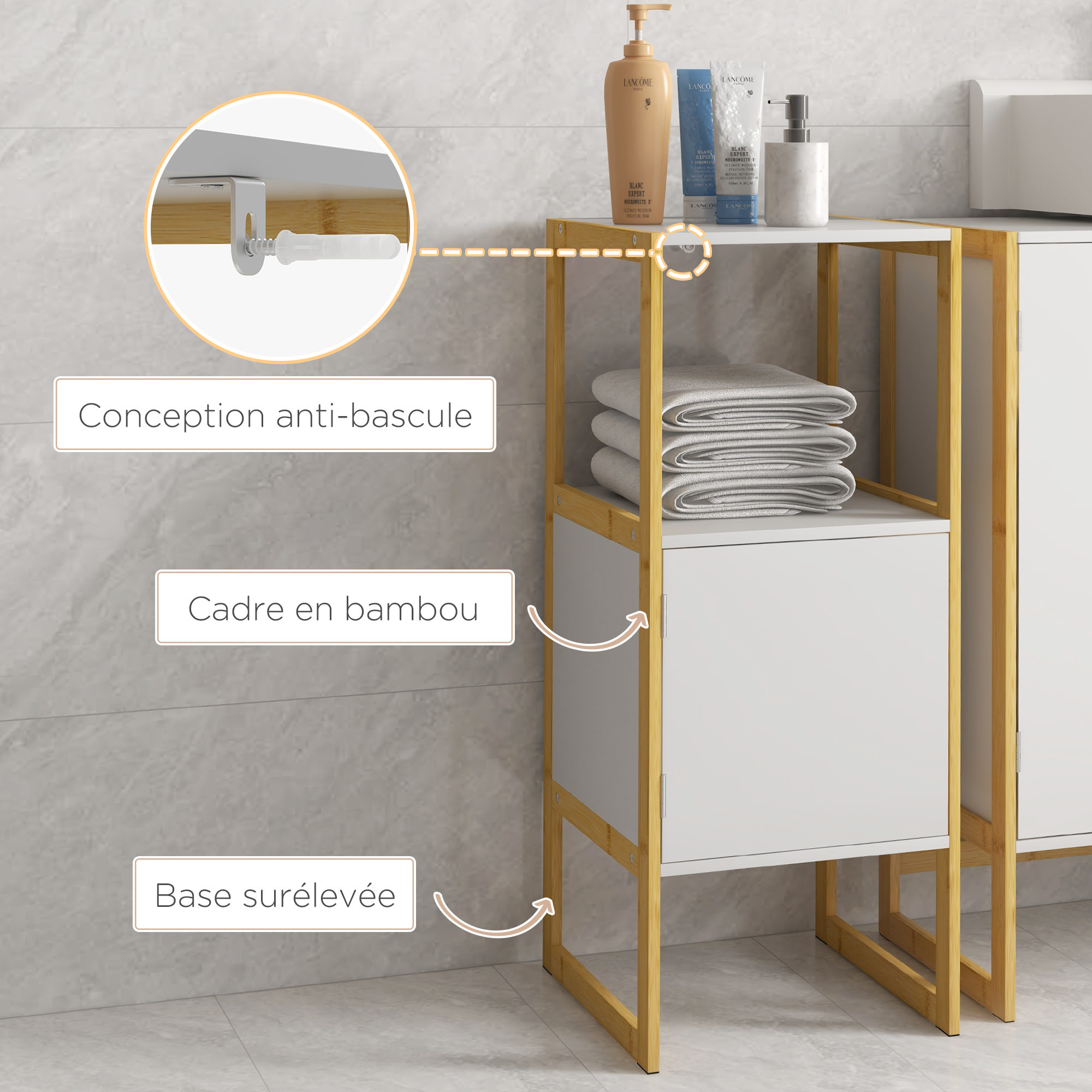 Étagère Salle De Bain Bambou Avec Panier à Linge 76x65,5x33 Cm - Meuble 2 En 1 Naturel