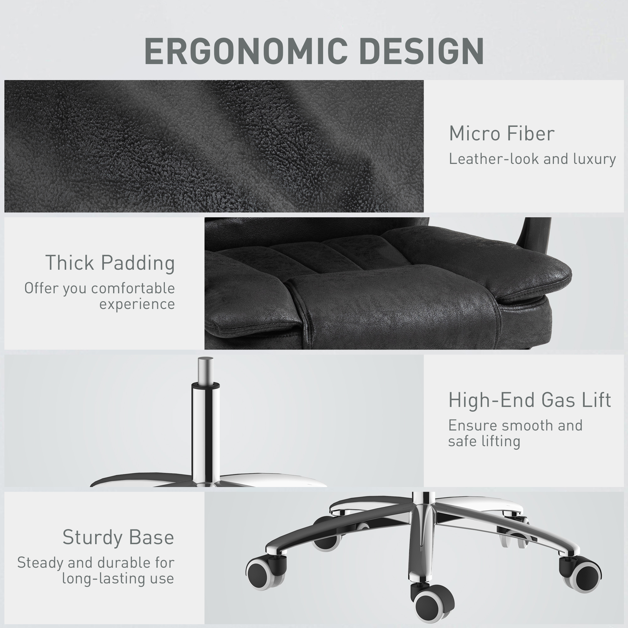 Vinsetto Home Office Chair Microfibre Desk Chair with Reclining Function Armrests Swivel Wheels Footrest Black 7