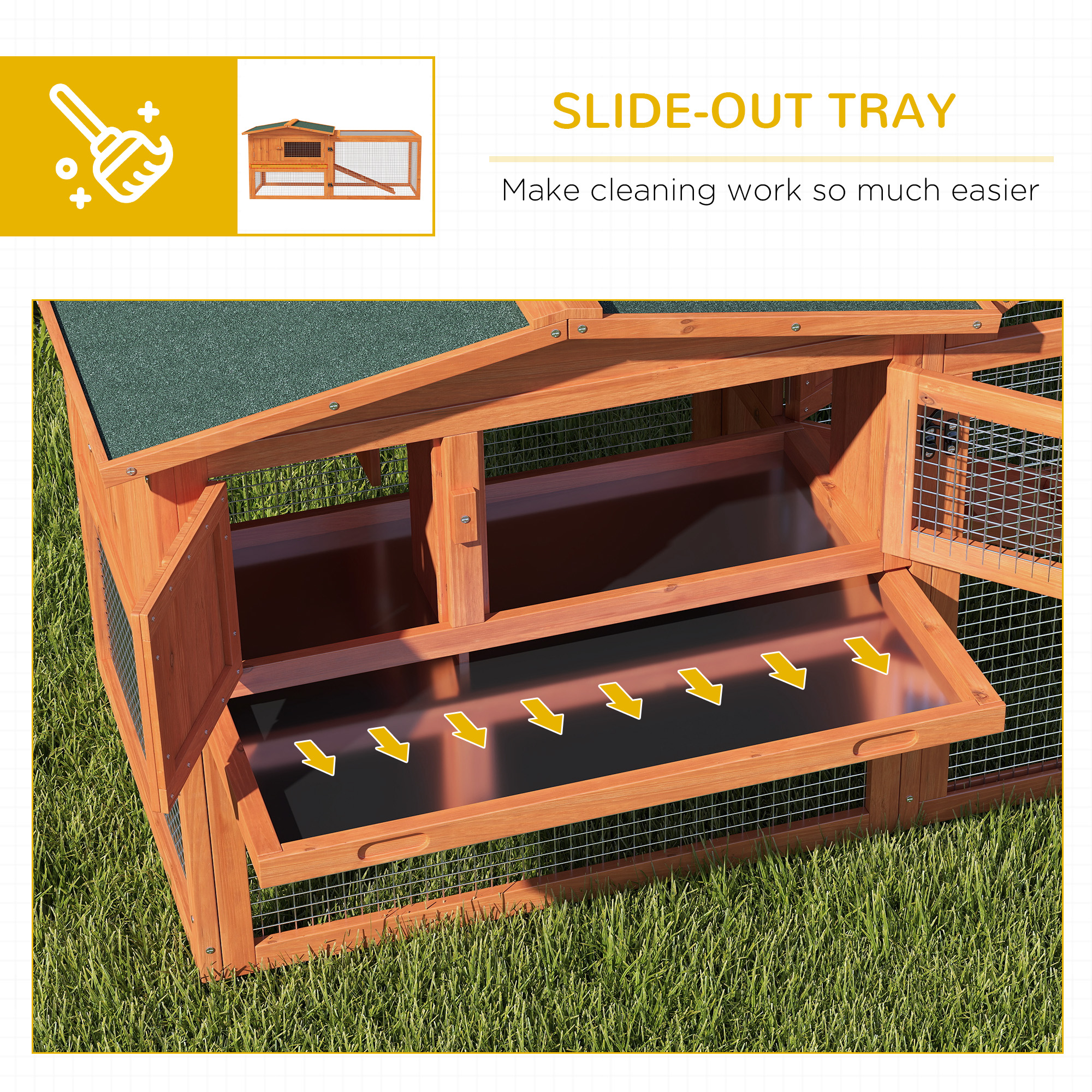 PawHut Rabbit Hutch with Run Wooden Guinea Pig Hutch Outdoor Bunny Cage Hide House with Sliding Tray, Hay Rack, Ramp, 156 x 58 x 68cm, Orange 6