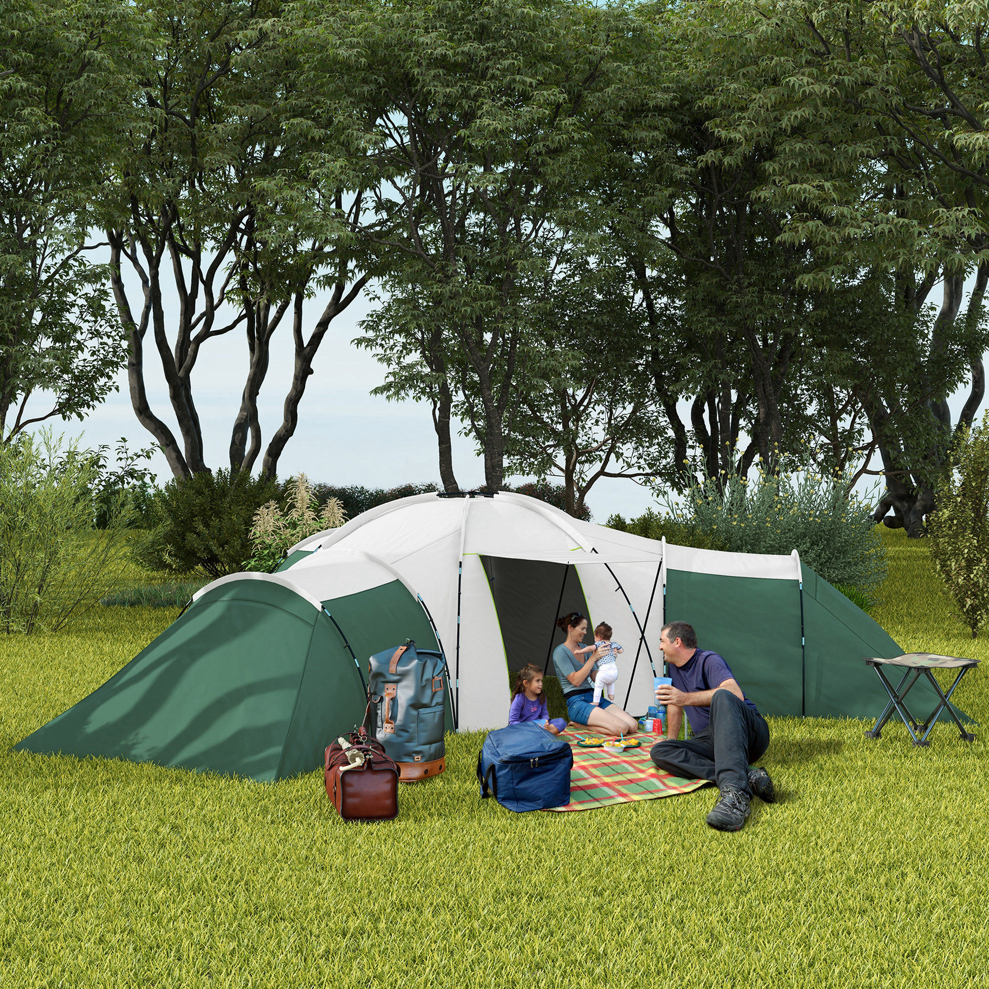 Outsunny 6-9 Man Tent with Bedrooms and Living Room, Accessories Included, Green 2