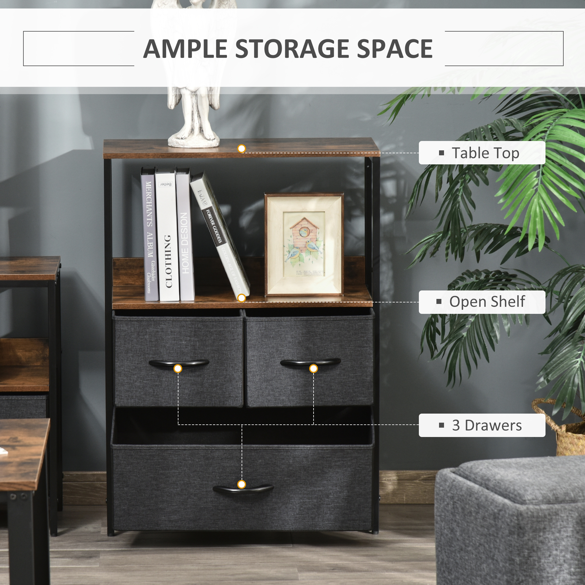 HOMCOM 3 Drawer Storage Chest Unit Home Cabinet w/ Shelves Home Living Room Bedroom Entryway Living Furniture, Black 4