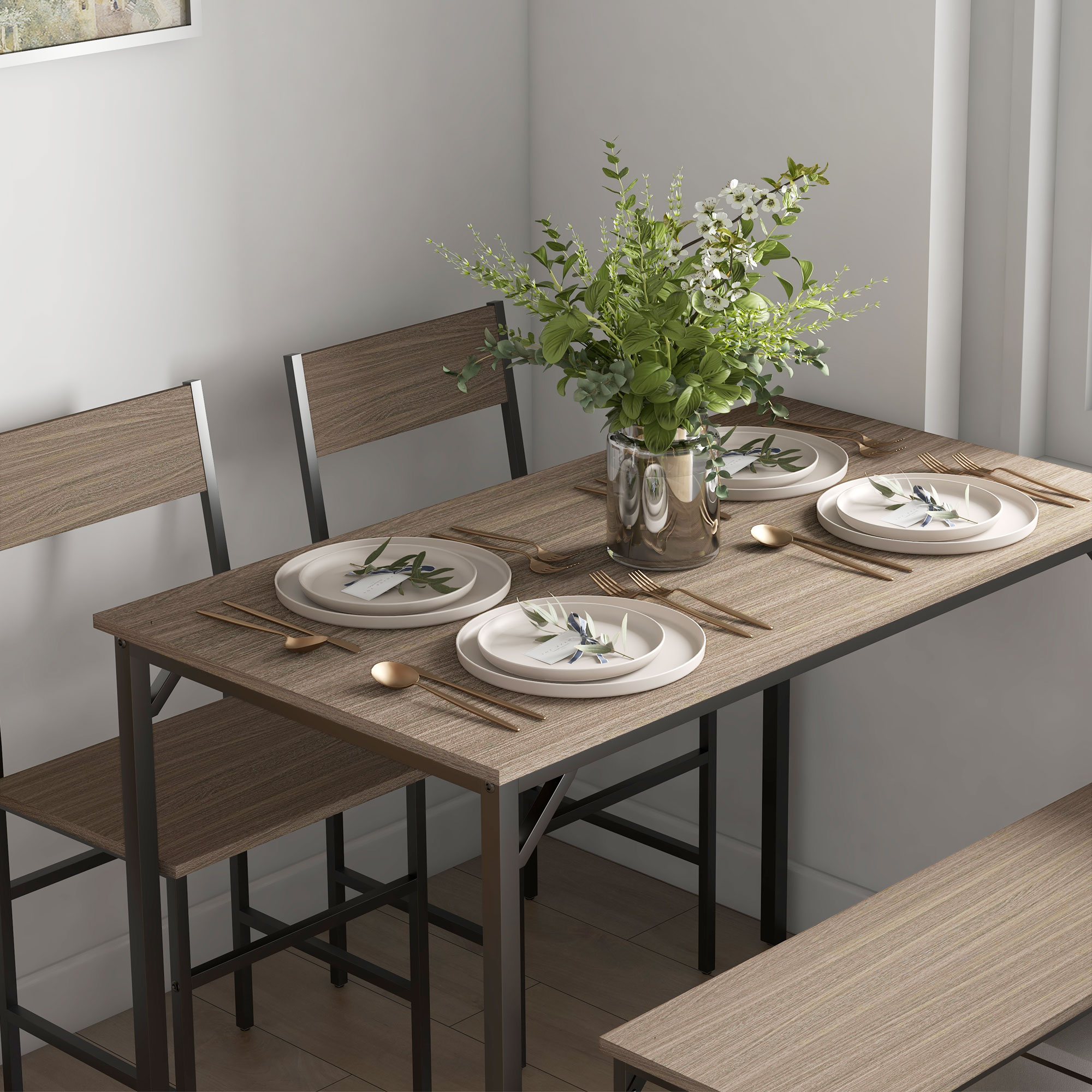 HOMCOM Four-Piece Dining Set, With Table, Chairs and Bench 8