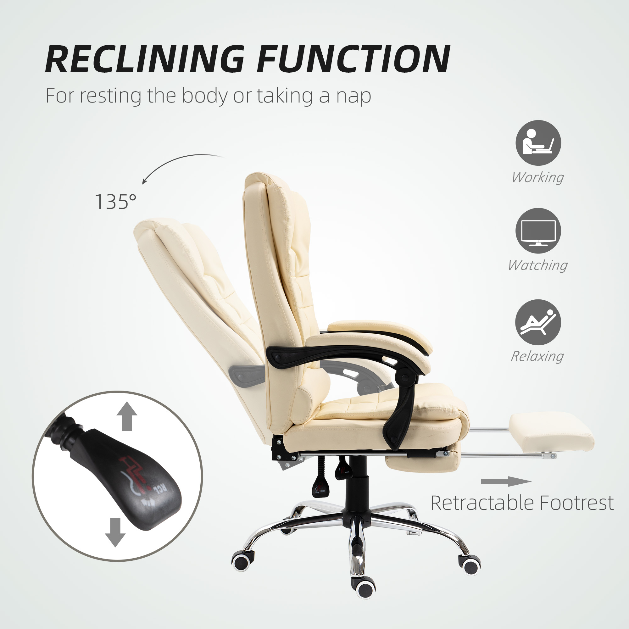 HOMCOM Executive Office Chair, Home Office Chair with Swivel Wheels, Reclining Backrest, Retractable Footrest, Cream White 6