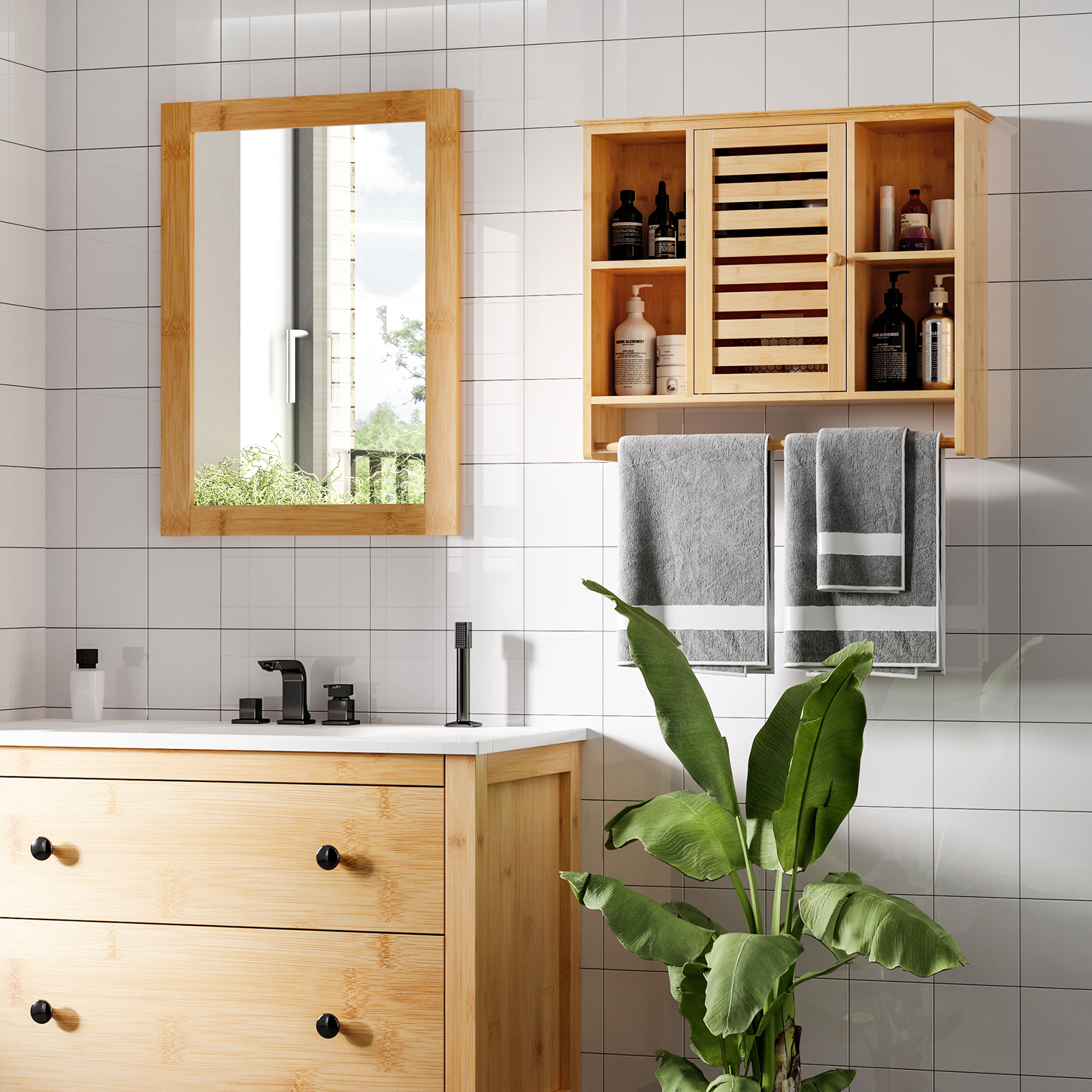 kleankin Badezimmerschrank aus Bambus, 4 Regale, 1 Schrank, Lamellentren,  65 cm x 17,8 cm x 54,6 cm, Natur | Aosom.de