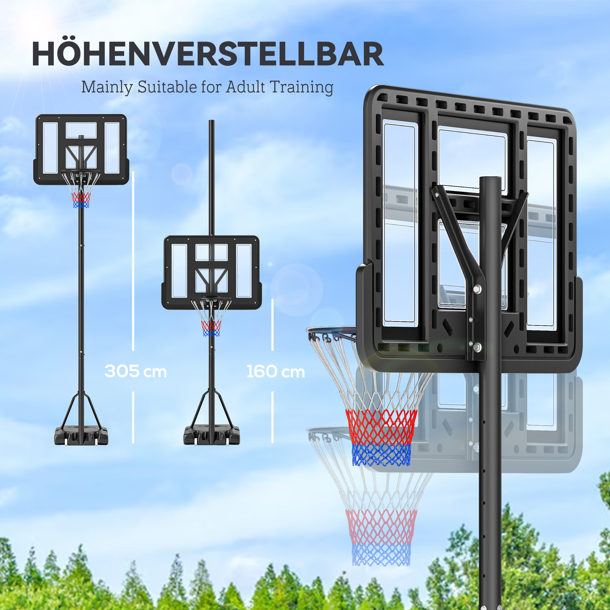 HOMCOM Basketballständer Höhenverstellbar 255–305 Cm – Mit Rollen Und Stabilem Sockel Für Drinnen Und Draußen