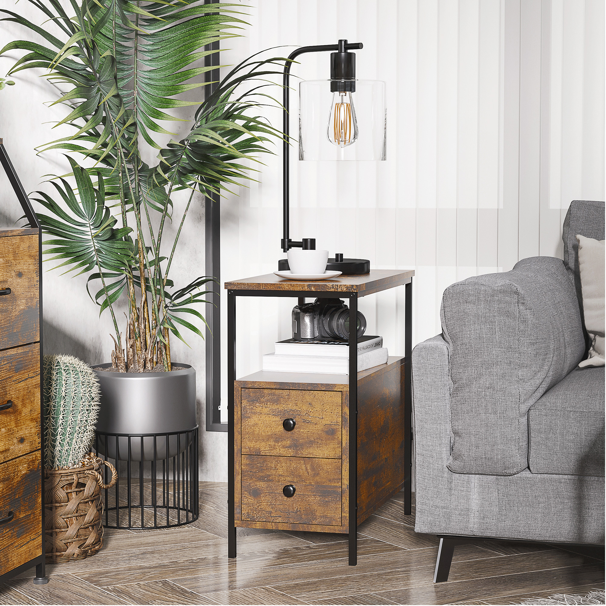 HOMCOM Side Table, Narrow Bedside Table with 2 Drawers and Storage Shelf, Industrial End Table with Metal Frame for Small Spaces, Rustic Brown 2