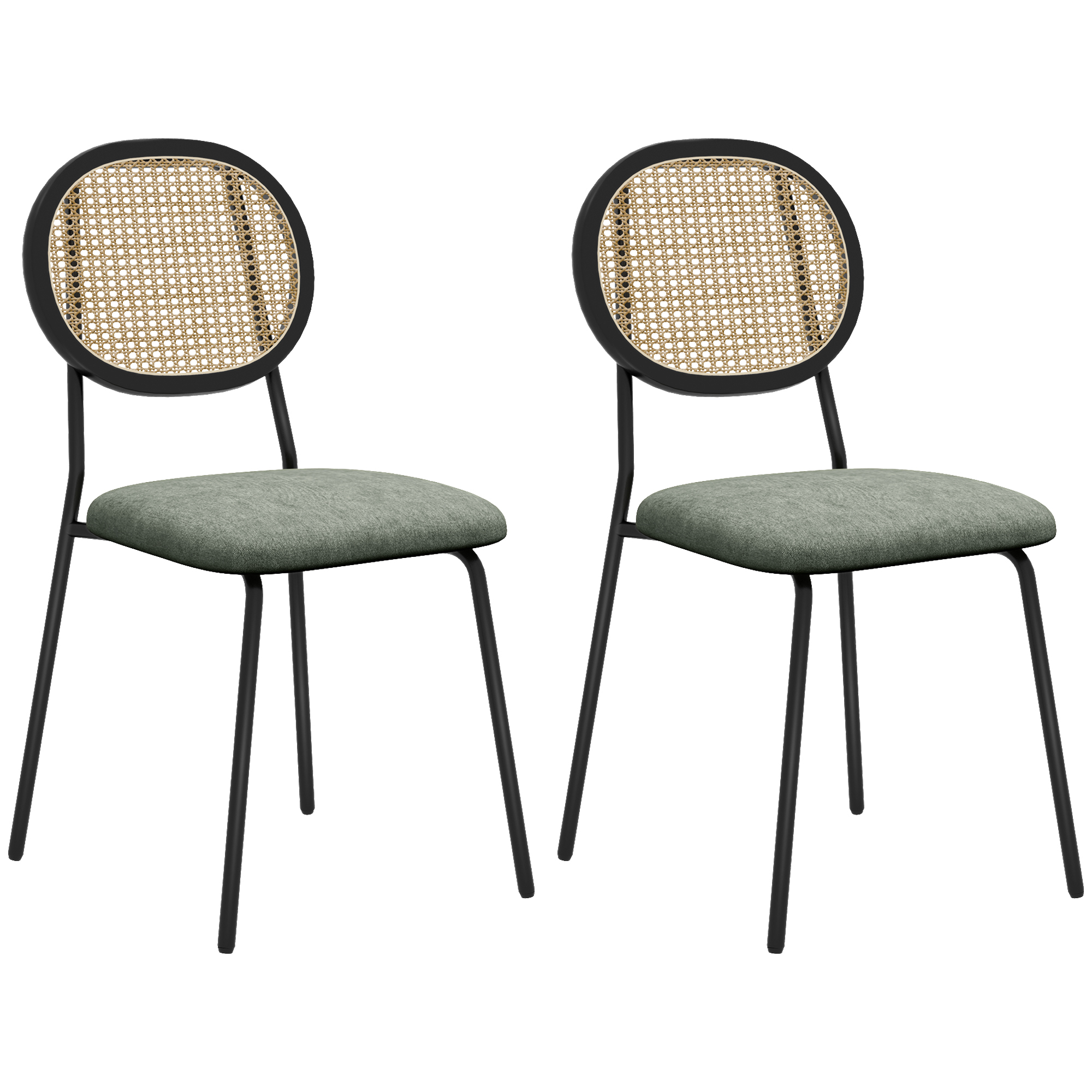 HOMCOM Pack de 2 Sillas de Comedor con Respaldo de Ratán Sintético y Marco de Acero para Salón 44x54x87 cm Verde Oscuro y Negro