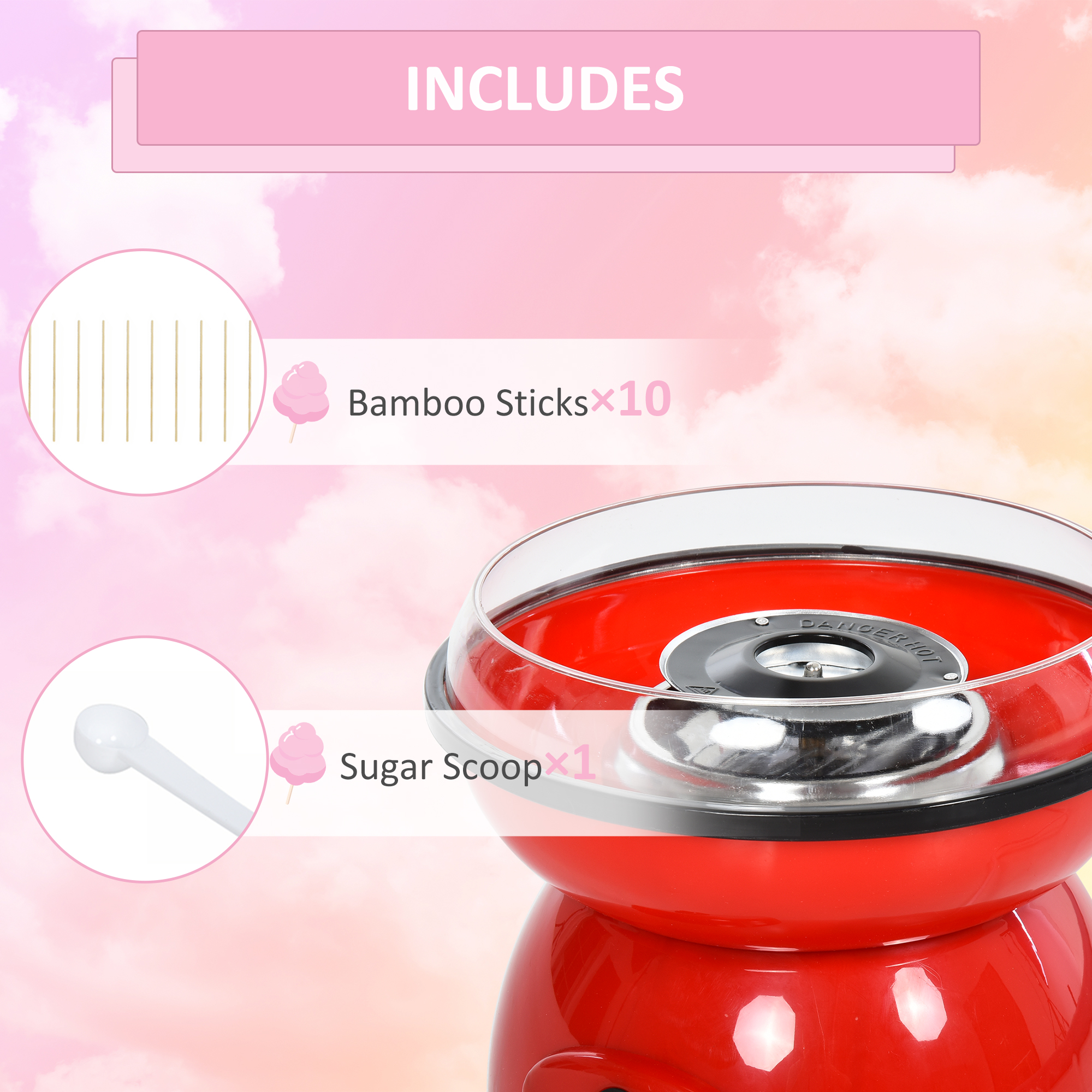 HOMCOM 450W Electric Candyfloss Machine Kit Non-Stick Plates Fairground Fun Children Adult Party Gift Home Sweet Metal Body w/ Accessories Red 6