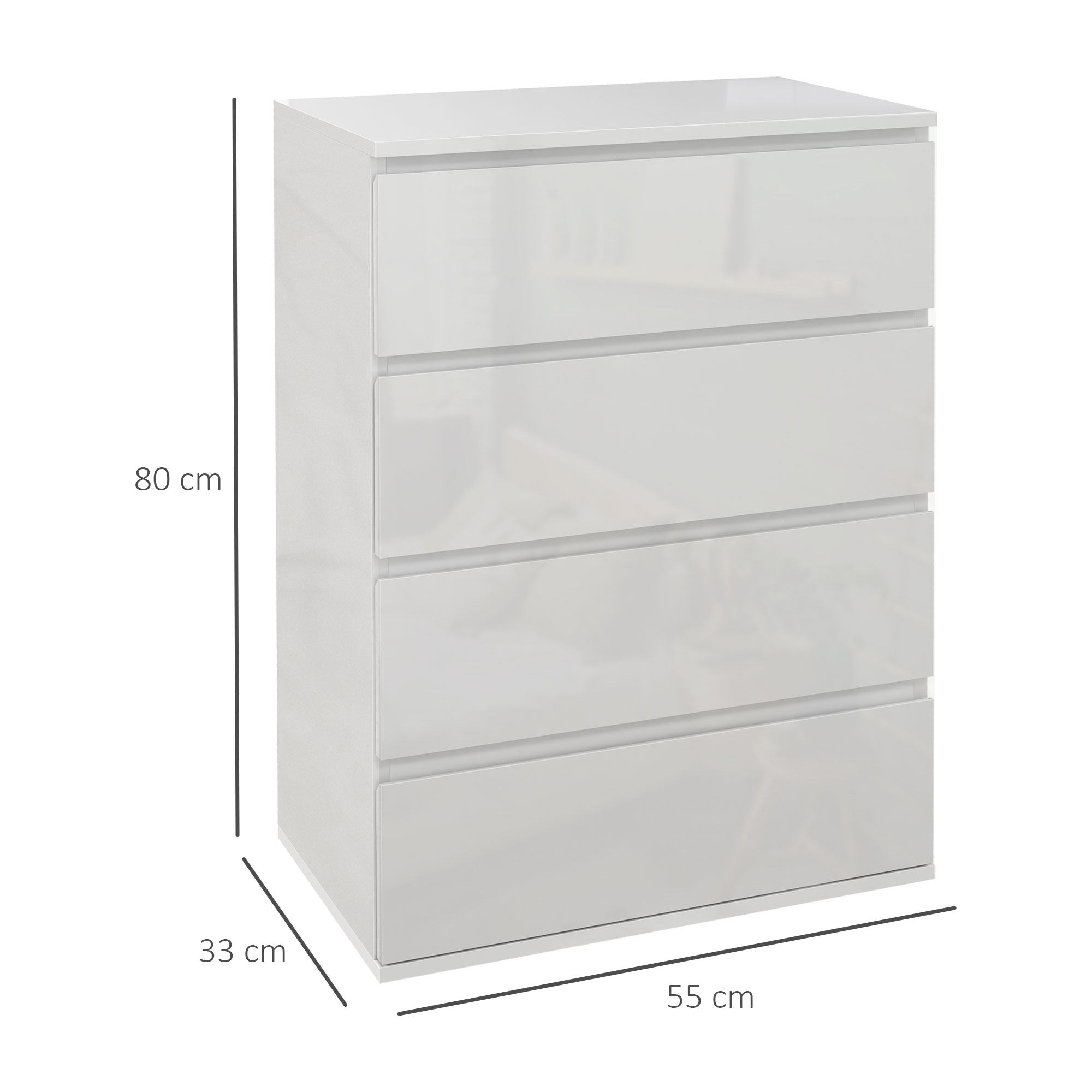 HOMCOM High Gloss Chest of Drawers, 4-Drawer Storage Cabinets, Modern Dresser for Bedroom, White 3