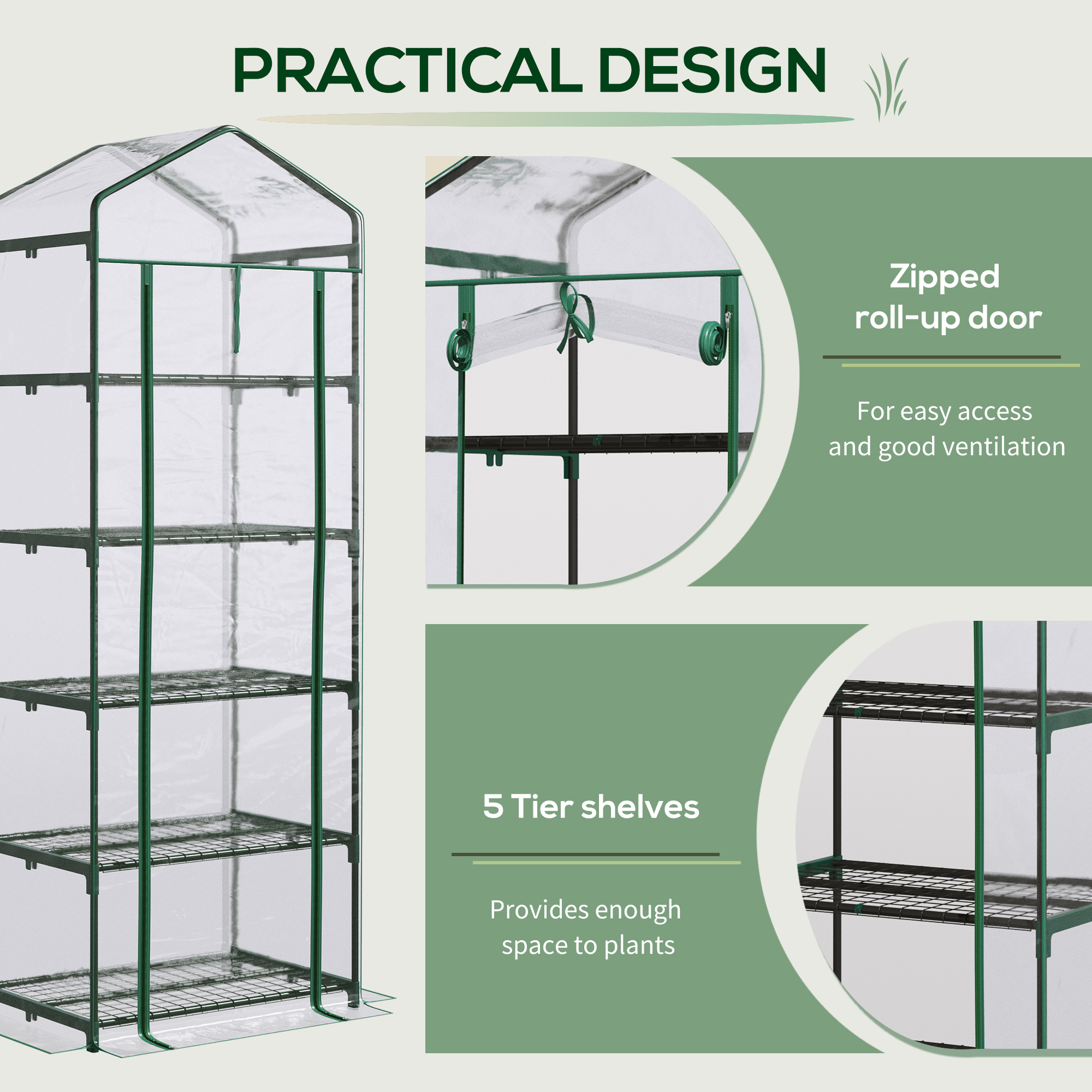 Outsunny 5 Tier Mini Greenhouse, Small Walk-in Greenhouse with Reinforced Plastic Cover, Garden Grow House with Roll Up Door and Shelves, 69 x 49 x 193cm, Green 5