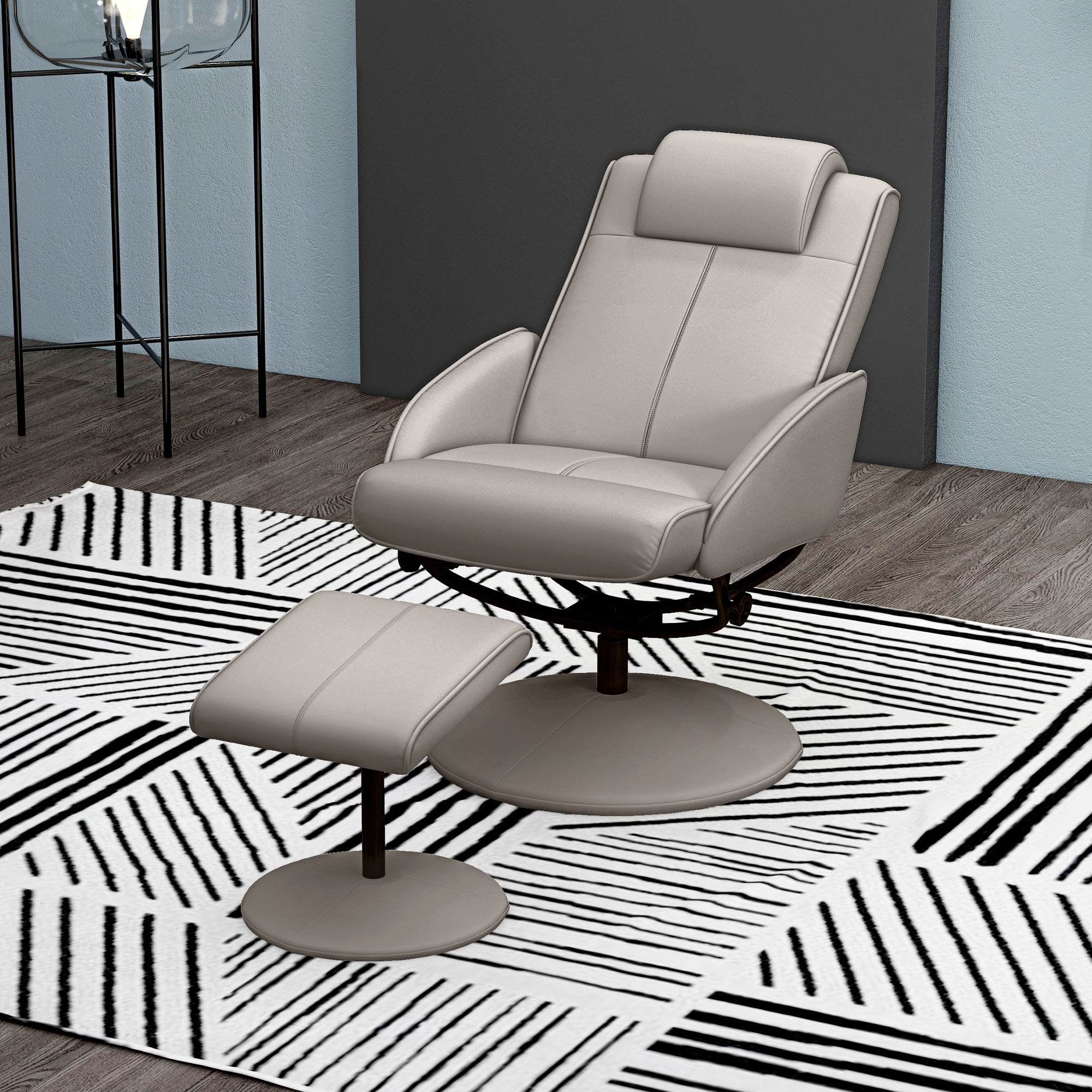 HOMCOM Recliner Chair and Footstool, Swivel PU Leather Upholstered Armchair with Footstool and Adjustable Backrest for Living Room, Bedroom, Grey 2