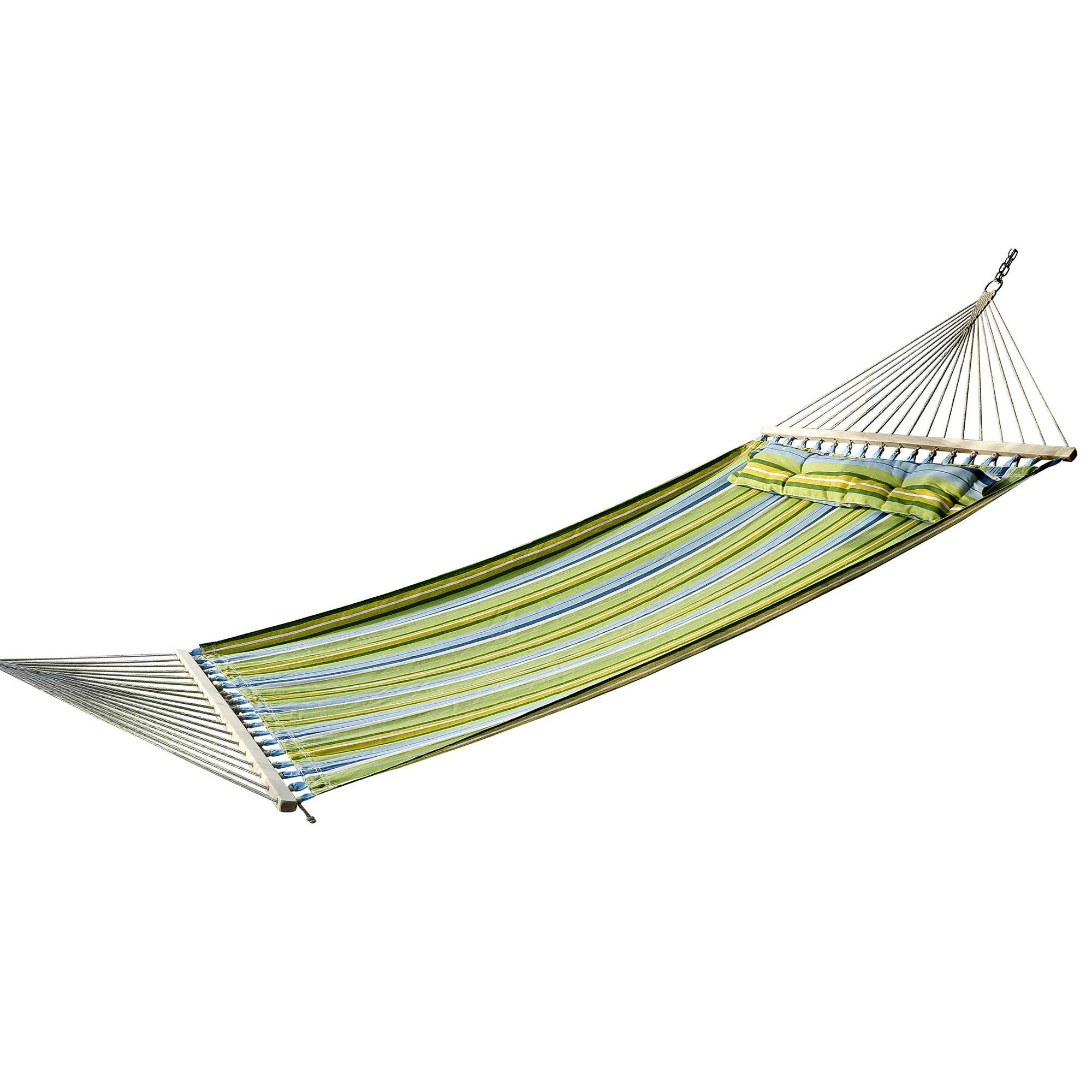 Outsunny Hamaca Colgante Doble Algodón Jardín Camping con Almohada 150kg Rayas Azules Verdes 3.4x1.4m   Aosom España