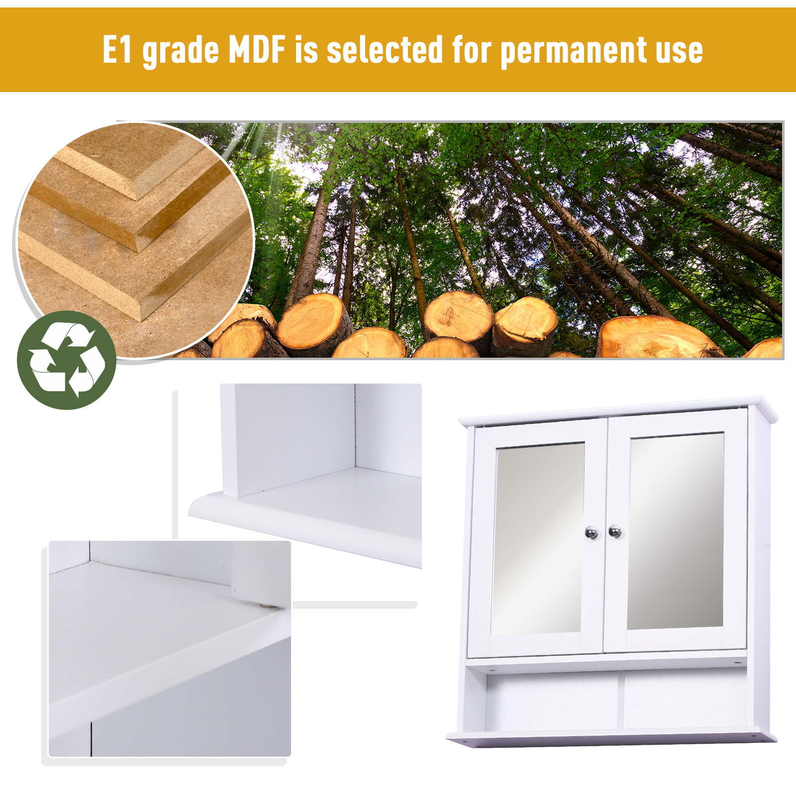 kleankin Wall-mounted Bathroom Cabinet Mirror Door Organiser Storage Shelves Living Room White 7