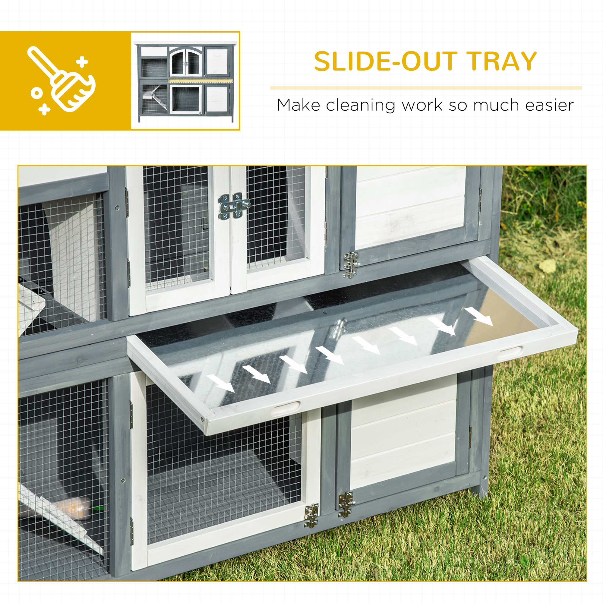 PawHut Rabbit Hutch Outdoor Guinea Pig Hutch 2 Tier Wooden Cage w/ Ramp, Divider, Openable Roof, 125 x 48 x 100cm Grey 6