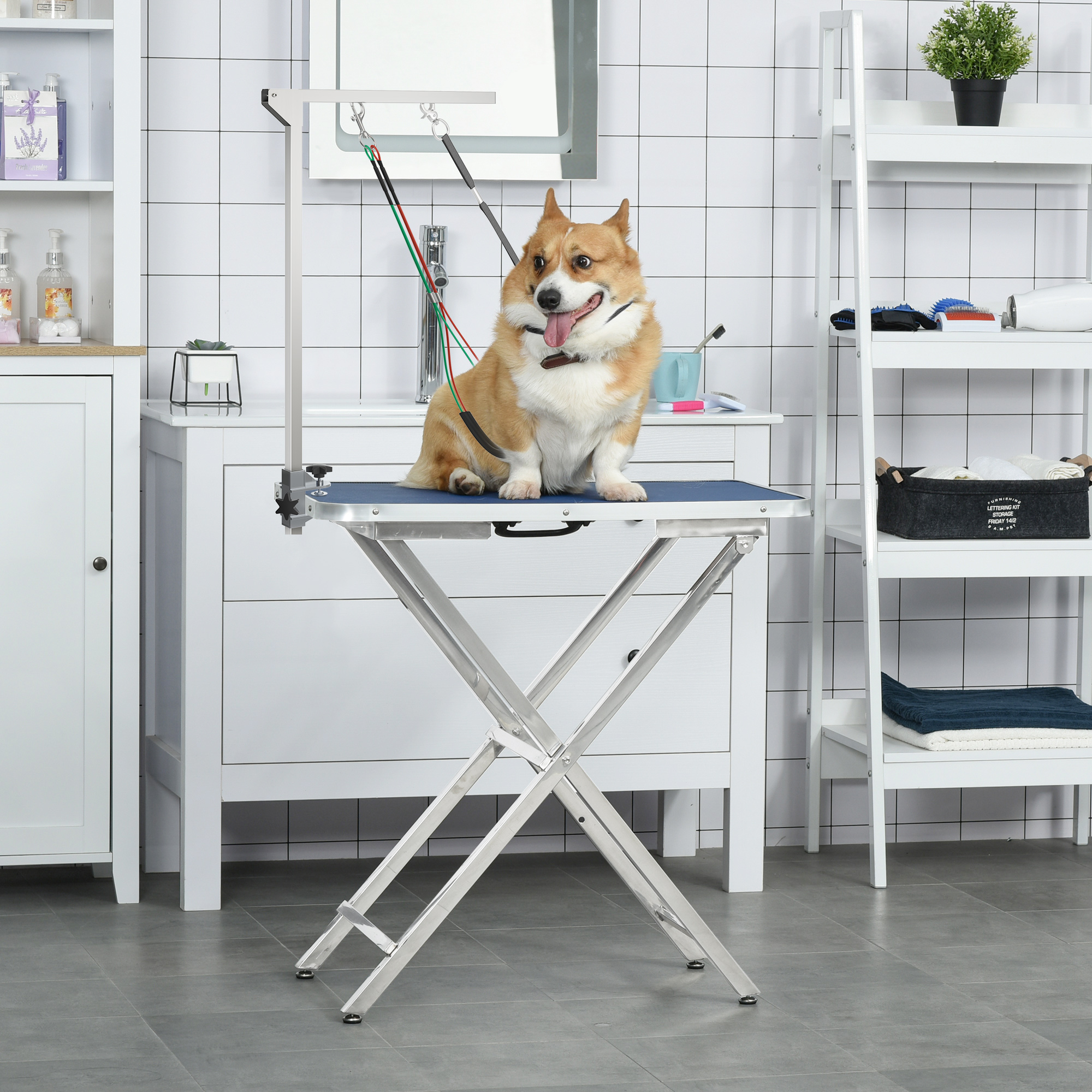 PawHut Foldable Dog Grooming Table Pet Drying Table with Adjustable Arm Non-Slip Rubber Tabletop Aluminium Alloy Edge Stainless Steel Bar Sling 94.5 x 55 x 81cm Black