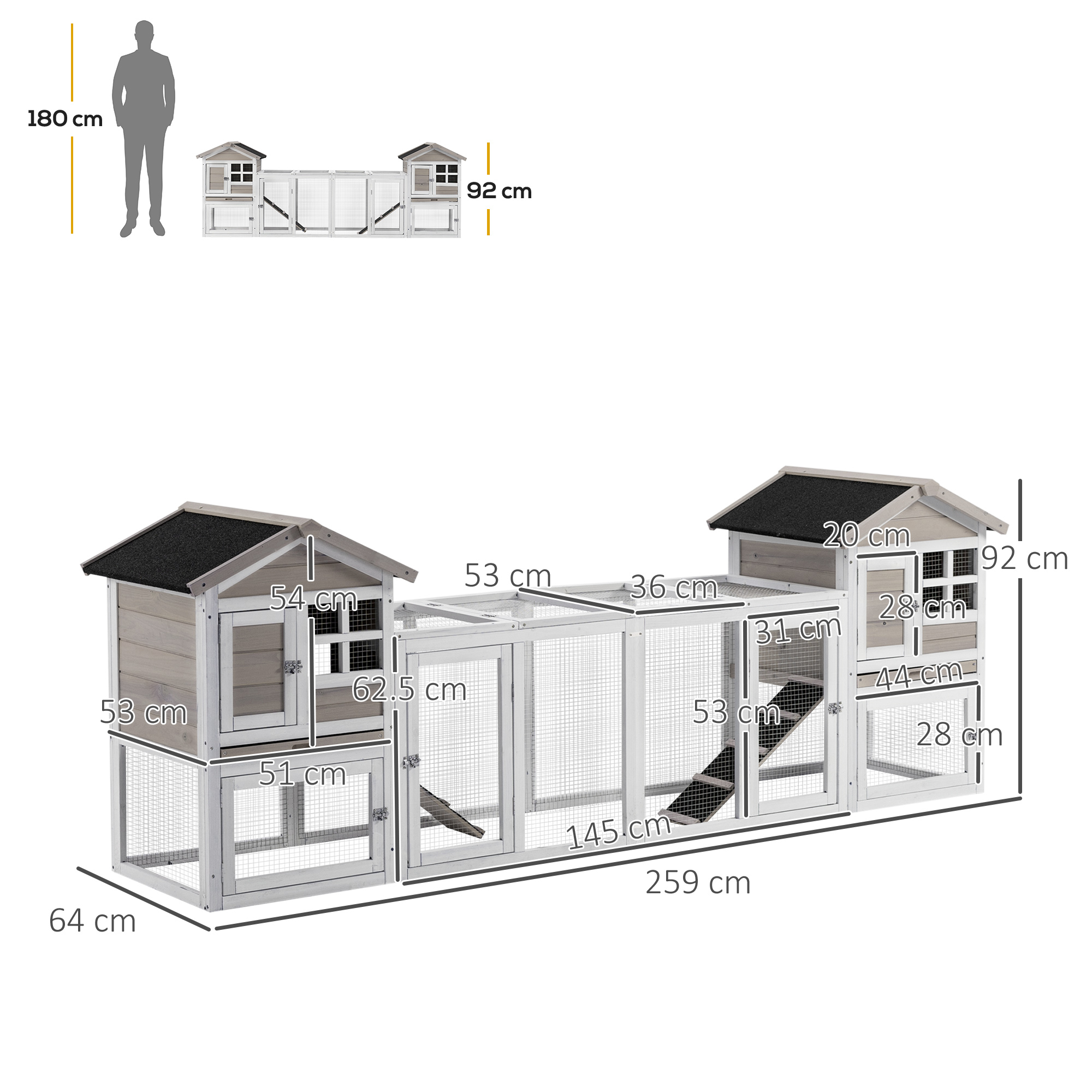 PawHut 2 in 1 Rabbit Hutch Outdoor Guinea Pig Hutch Bunny Run Double Main House with Run, No-Leak Tray 259 x 64 x 92cm, Grey 4
