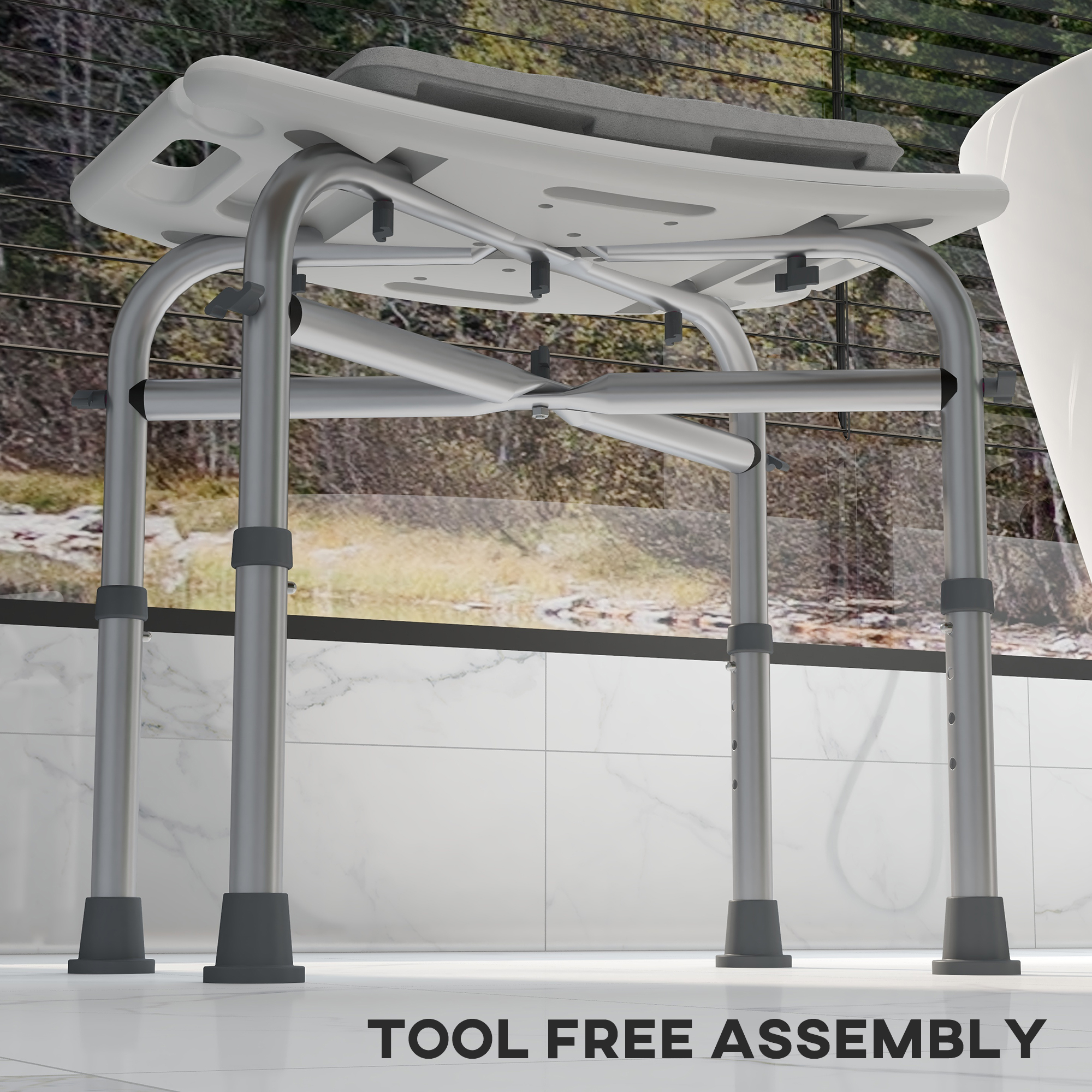 HOMCOM Aluminium Shower Stool for Elderly, Height Adjustable Shower Seat with Removable Padded Cushion, Shower Head Holder, Non-Slip Bath Stool for Seniors, Disabled, Pregnant, White 5