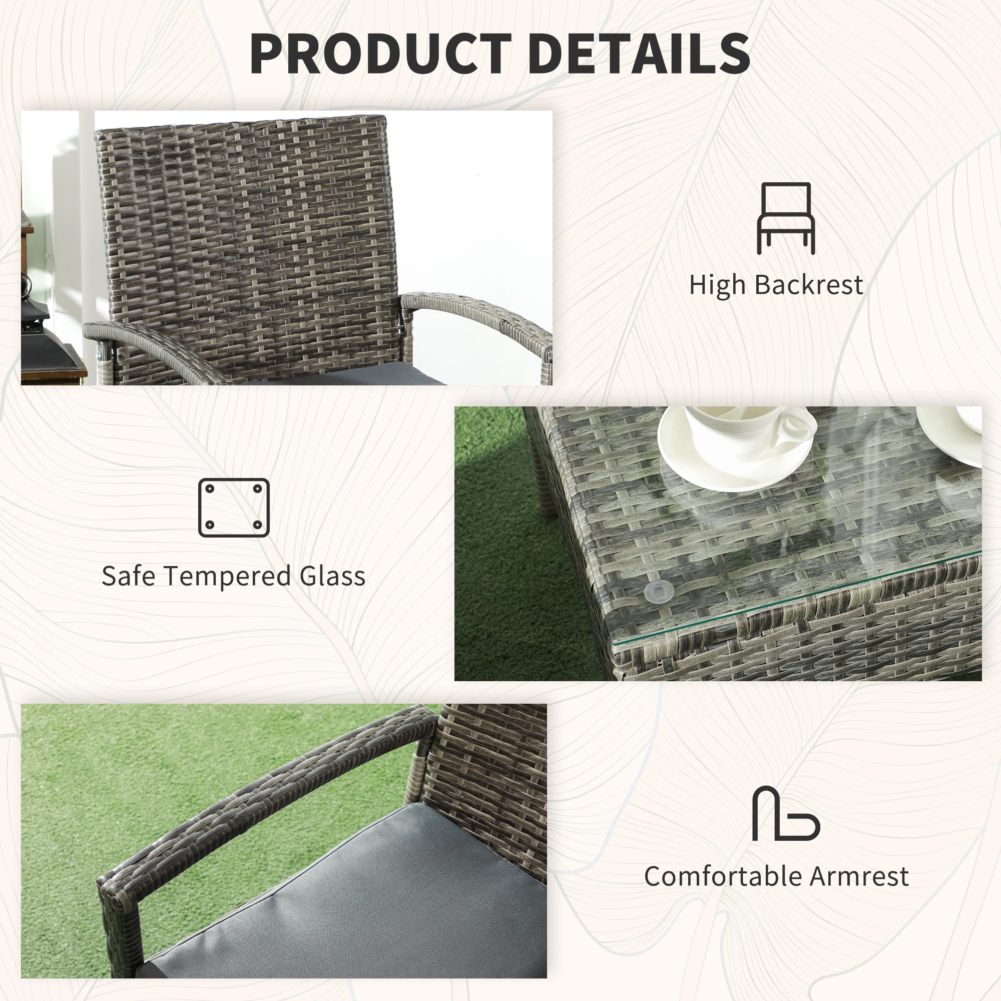 Outsunny 3 Pieces Rattan Bistro Set, Wicker Garden Furniture Set with Glass Top Coffee Table and Chairs, Washable Cushions for Outdoor, Patio, Balcony, Mixed Grey 7