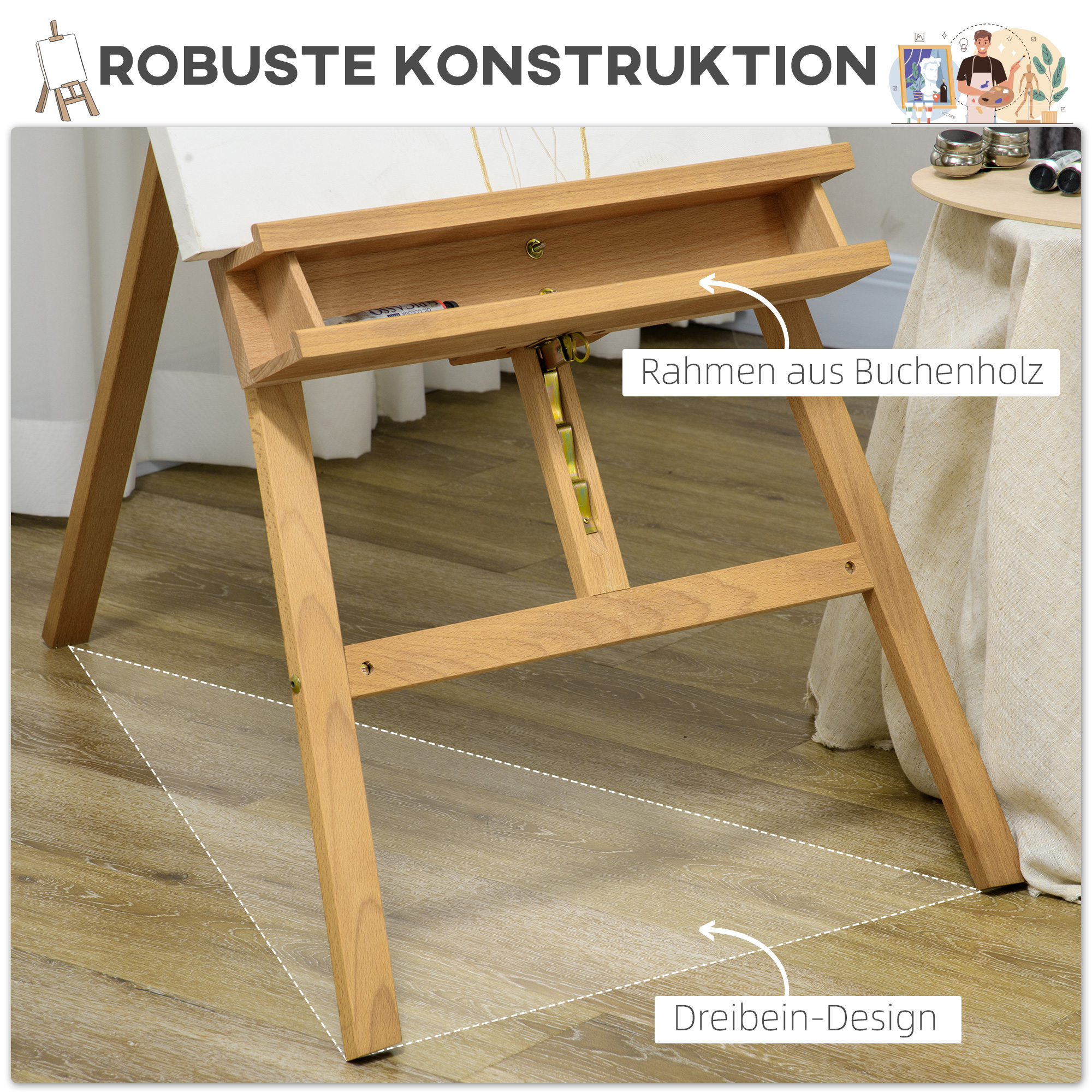 Puidust molbert, kõrgusega reguleeritav, kokkupandav, pliiatsialusega, pöögipuit, 65 x 110 x 180-235 cm