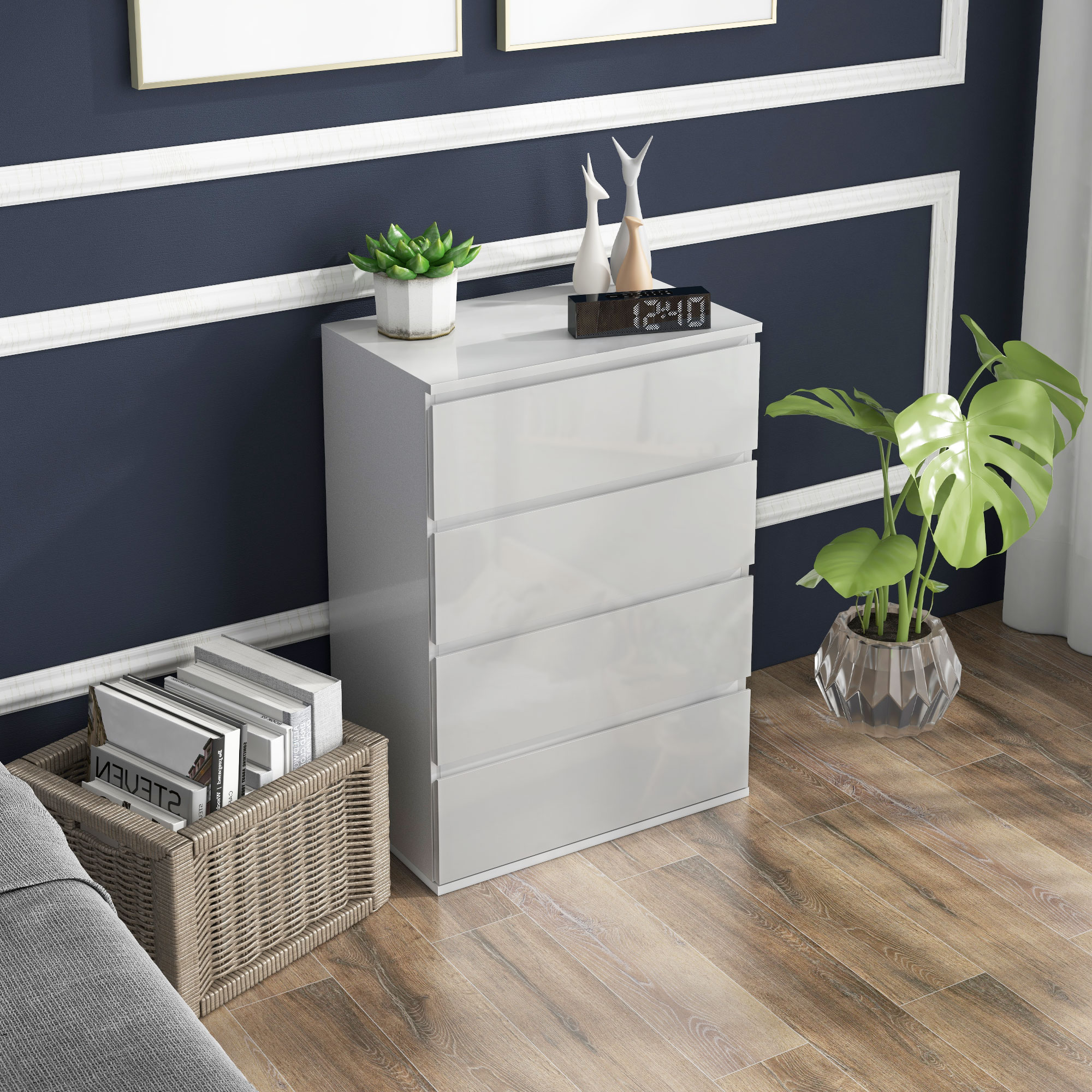 HOMCOM High Gloss Chest of Drawers, 4-Drawer Storage Cabinets, Modern Dresser for Bedroom, White 2