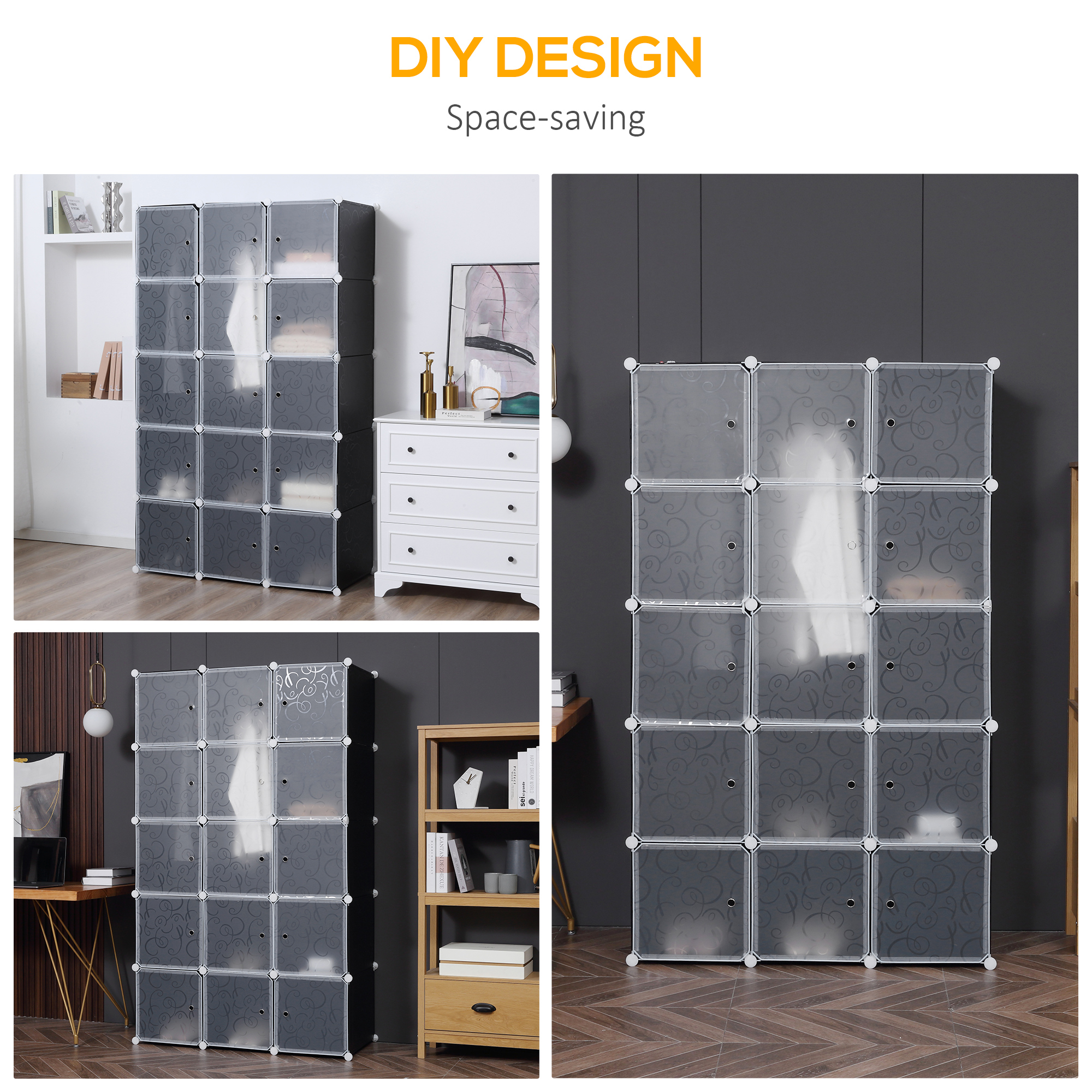 HOMCOM Portable Wardrobe for Bedroom, 15 Cube Closet with Hanging Rail, Modular Storage Cabinet, Plastic Armoire for Space Saving, White and Black 5