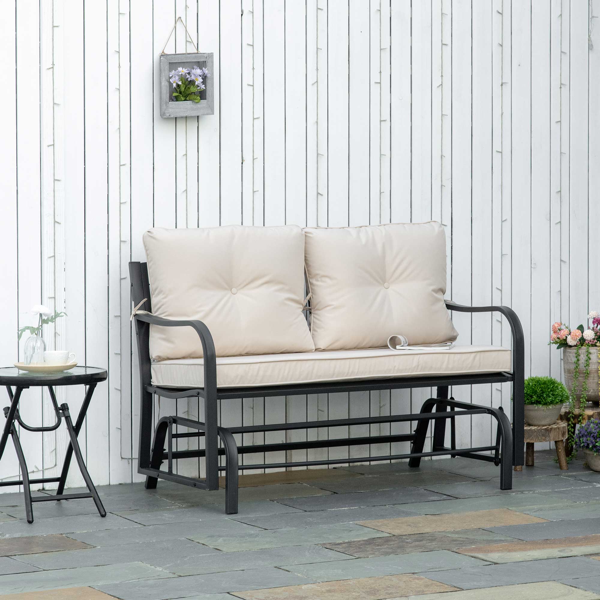 Outsunny 2-Person Outdoor Loveseat Glider Bench Rocking Chair for Patio, Garden, Yard, Porch with Armrest and Cushions, Khaki 2