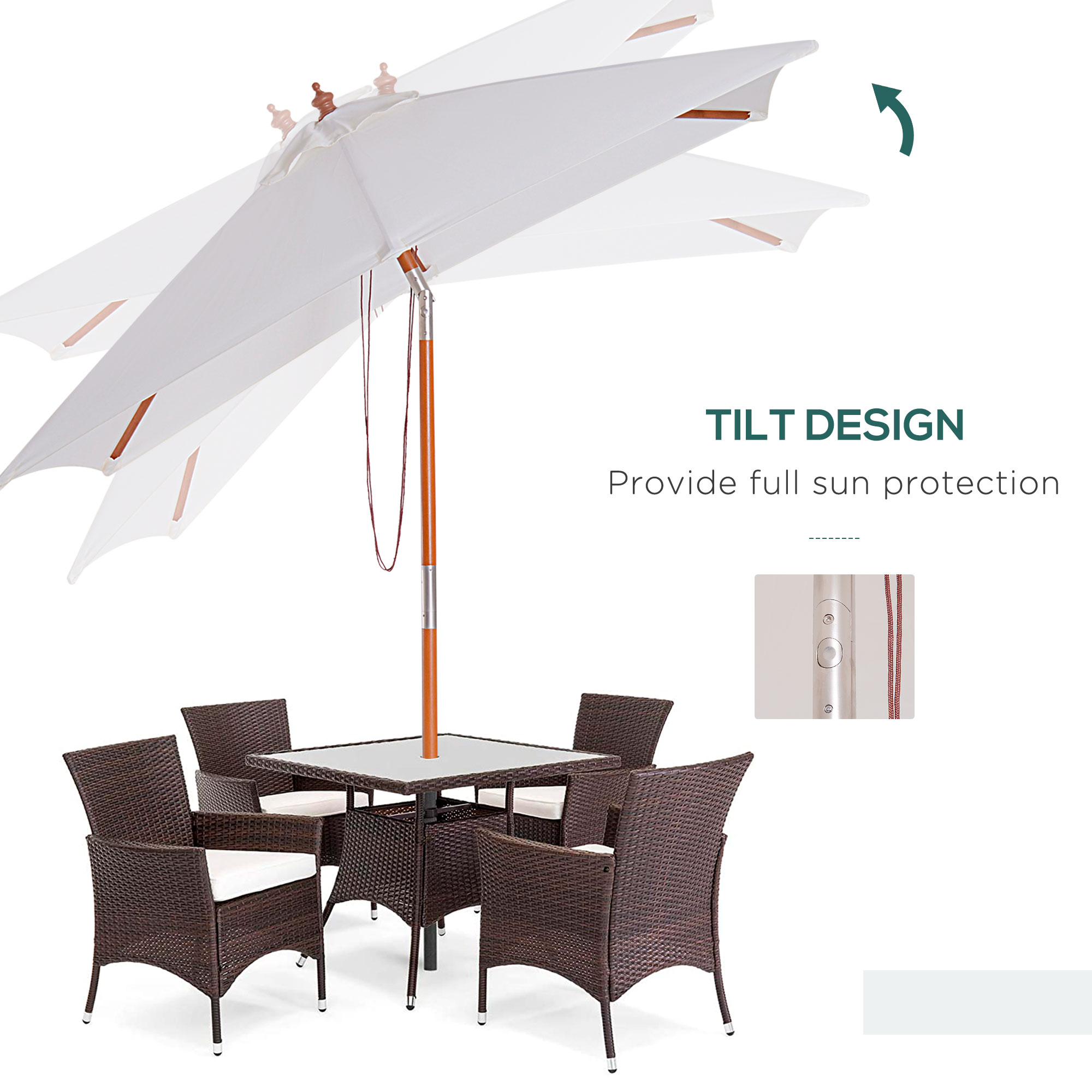 Outsunny 2m x 1.5m Garden Parasol Umbrella with Tilting Sunshade Canopy, Outdoor Market Table Umbrella with Wood and Bamboo Frame, Cream White 4