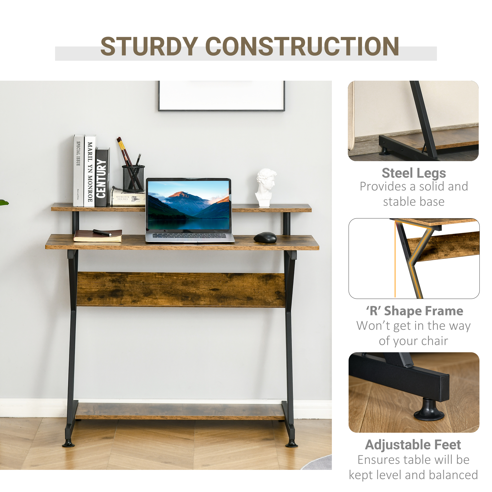 HOMCOM Industrial Computer Desk with Monitor Stand, 100 x 60cm Compact Desk for Small Spaces, Home Office Desk, Rustic Brown 5