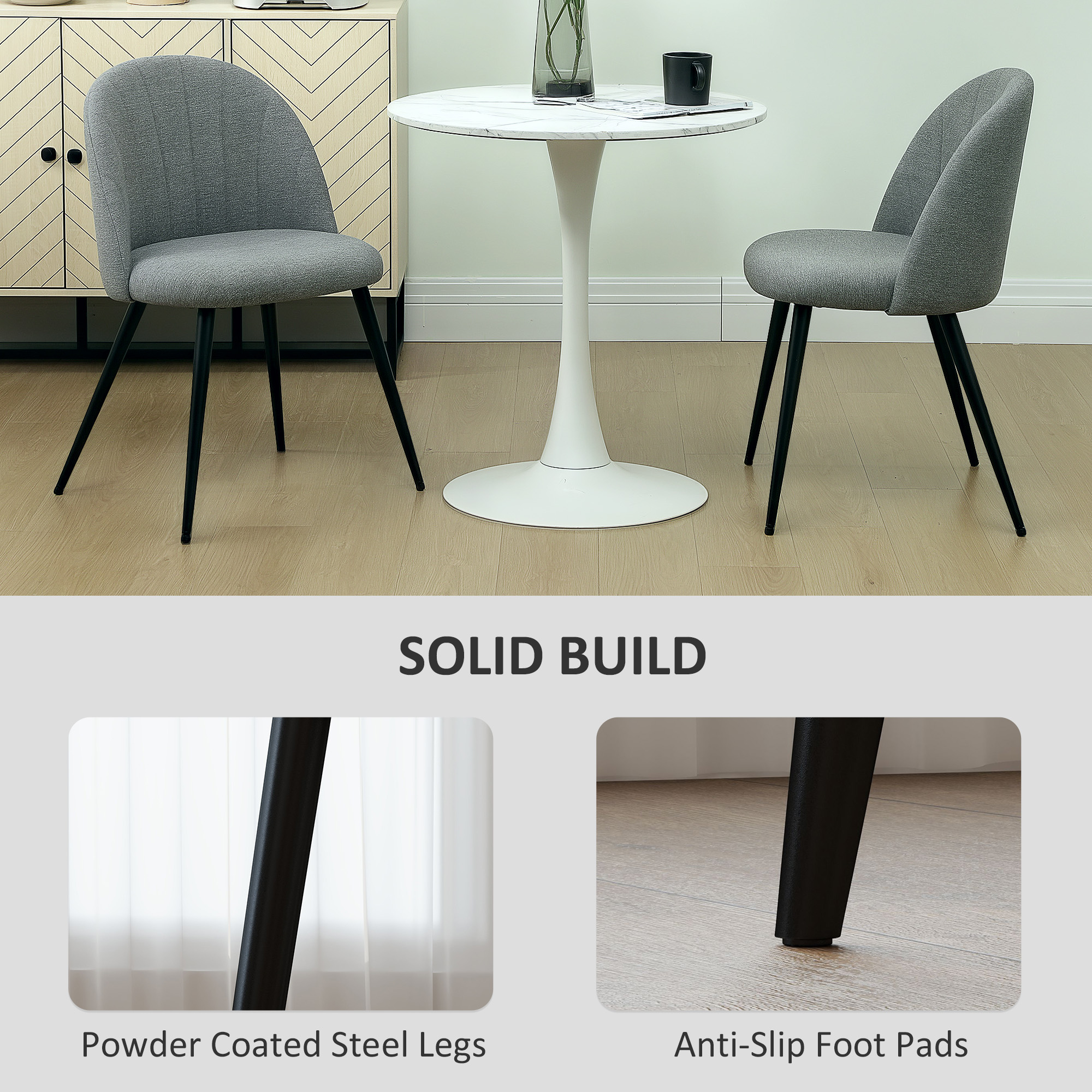 HOMCOM Dining Chairs Set of 2, Modern Upholstered Kitchen Chairs with Metal Legs, Shell Backrest and Padded Seat for Dining Room, Bedroom, Living Room, Vanity, Grey 6