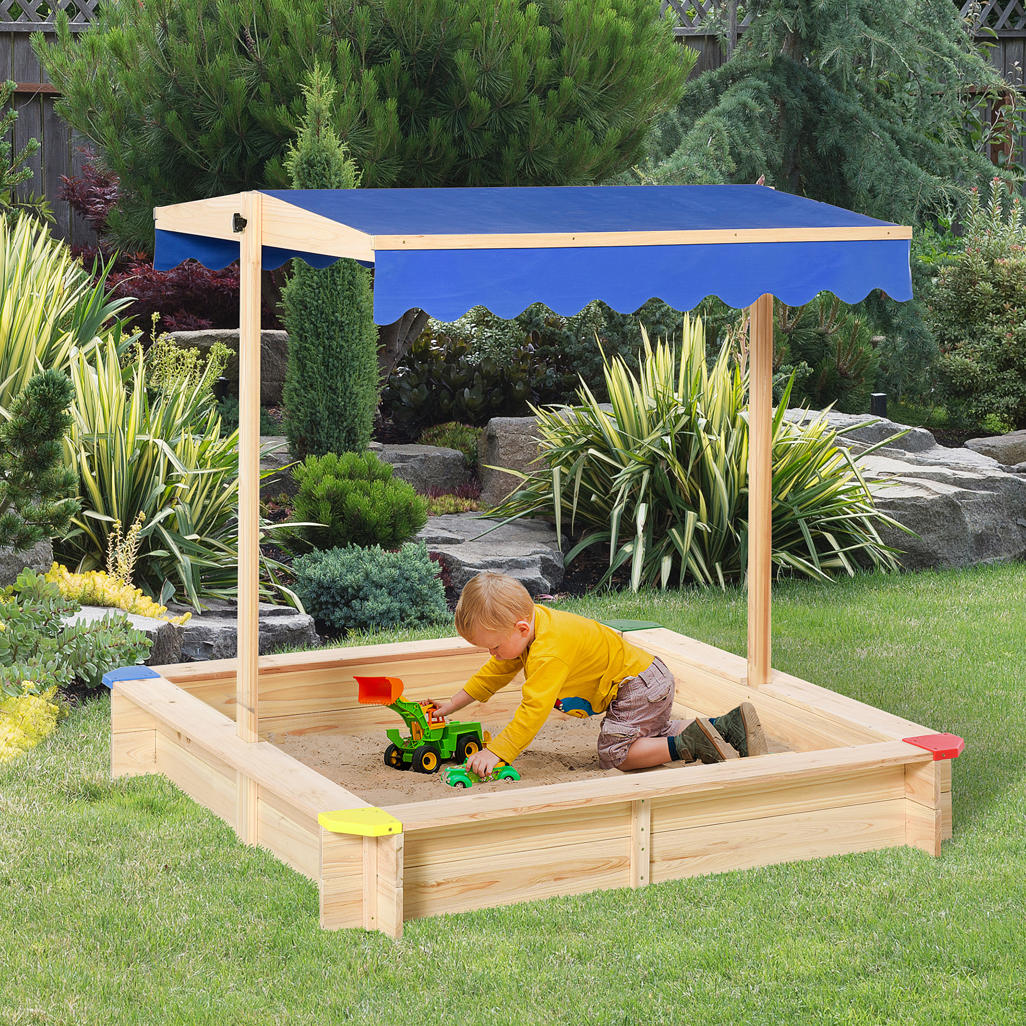 Outsunny Kids Wooden Sand Pit Sandbox Children Square Outdoor Playset Adjustable Canopy Bench Seat 120x120x120cm