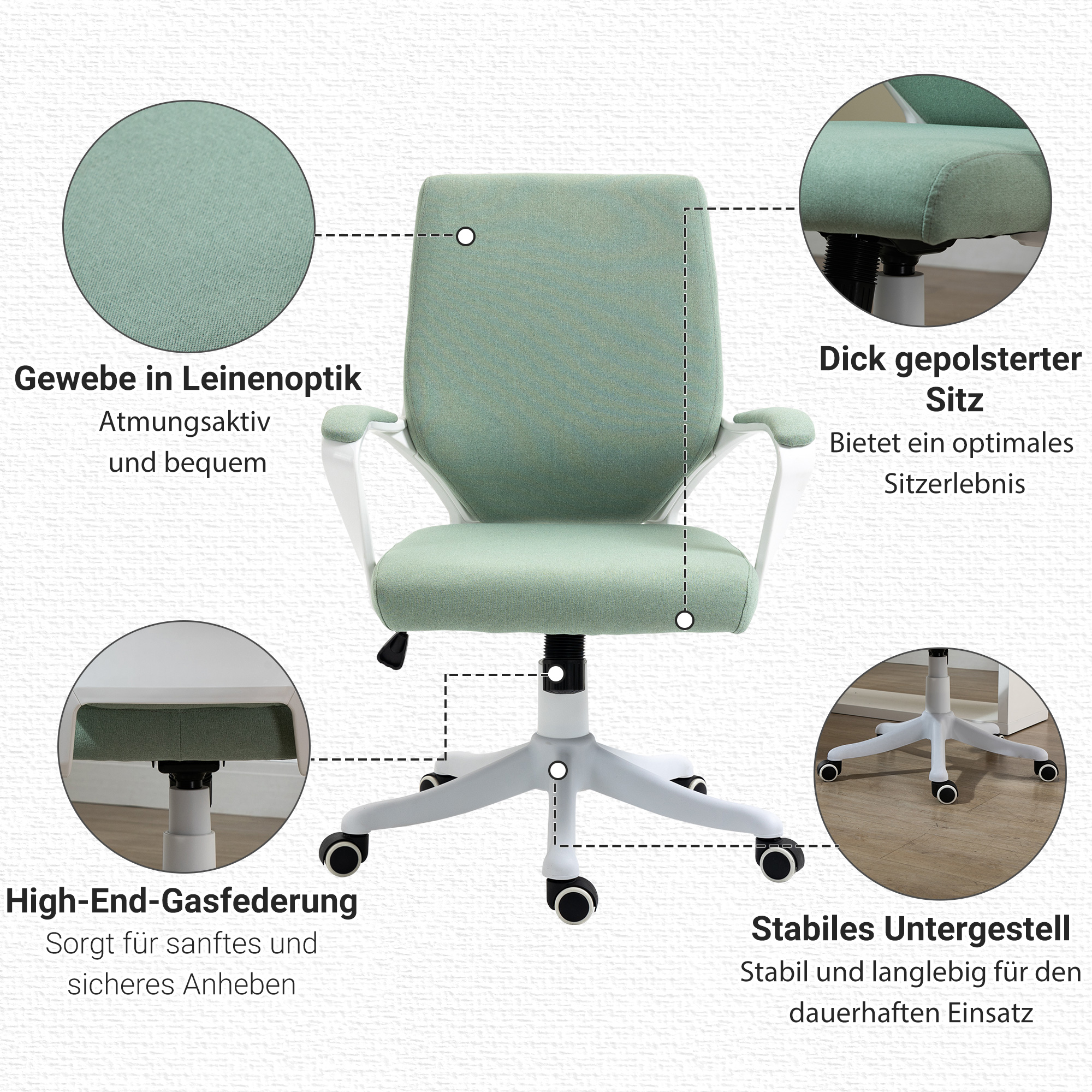 Kontoritool, lauatool, kodukontori tool kiikfunktsiooniga, kõrgusega reguleeritav seljatugi, paksult polsterdatud, ergonoomiline, 360° pöörlevad rattad, polüester, nailon, PP, roheline+valge, 62x69x92-100