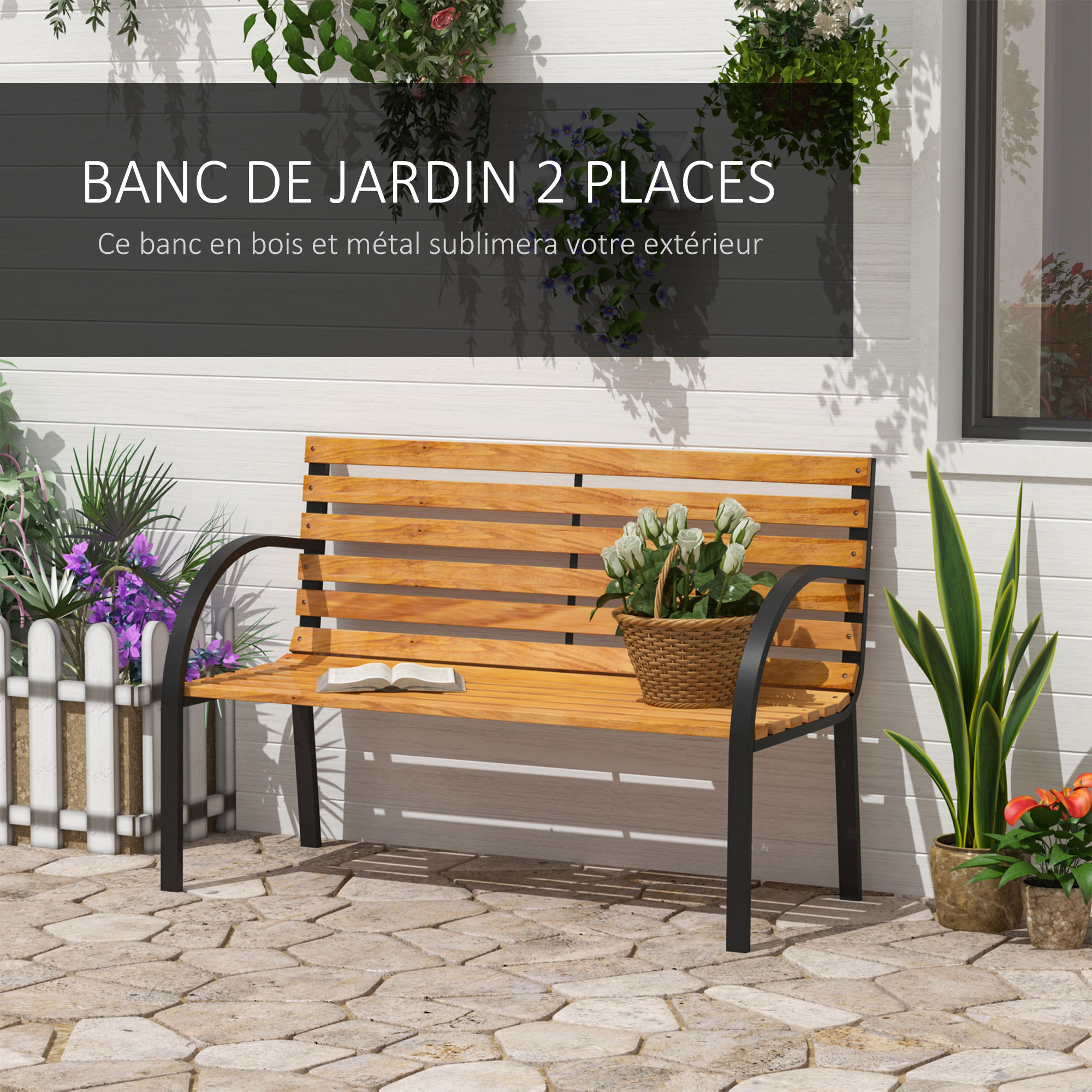 Banc De Jardin 2 Places Avec Rangement - Bois De Peuplier, Motif Floral, 164L