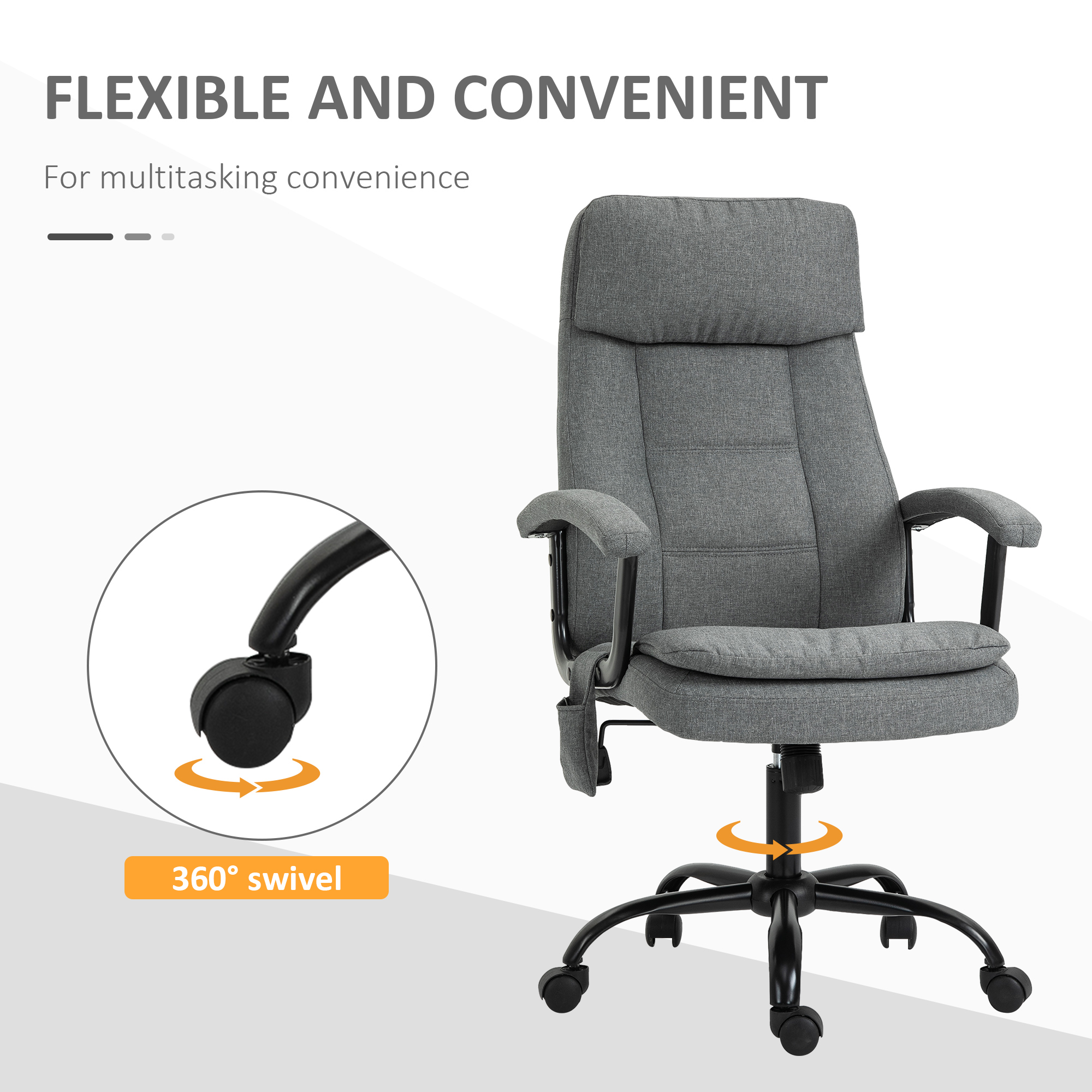 Vinsetto Office Chair, Linen Fabric Desk Chair with 2 Point Massage in Lumbar, Adjustable Height, Rolling Wheels, Grey 7