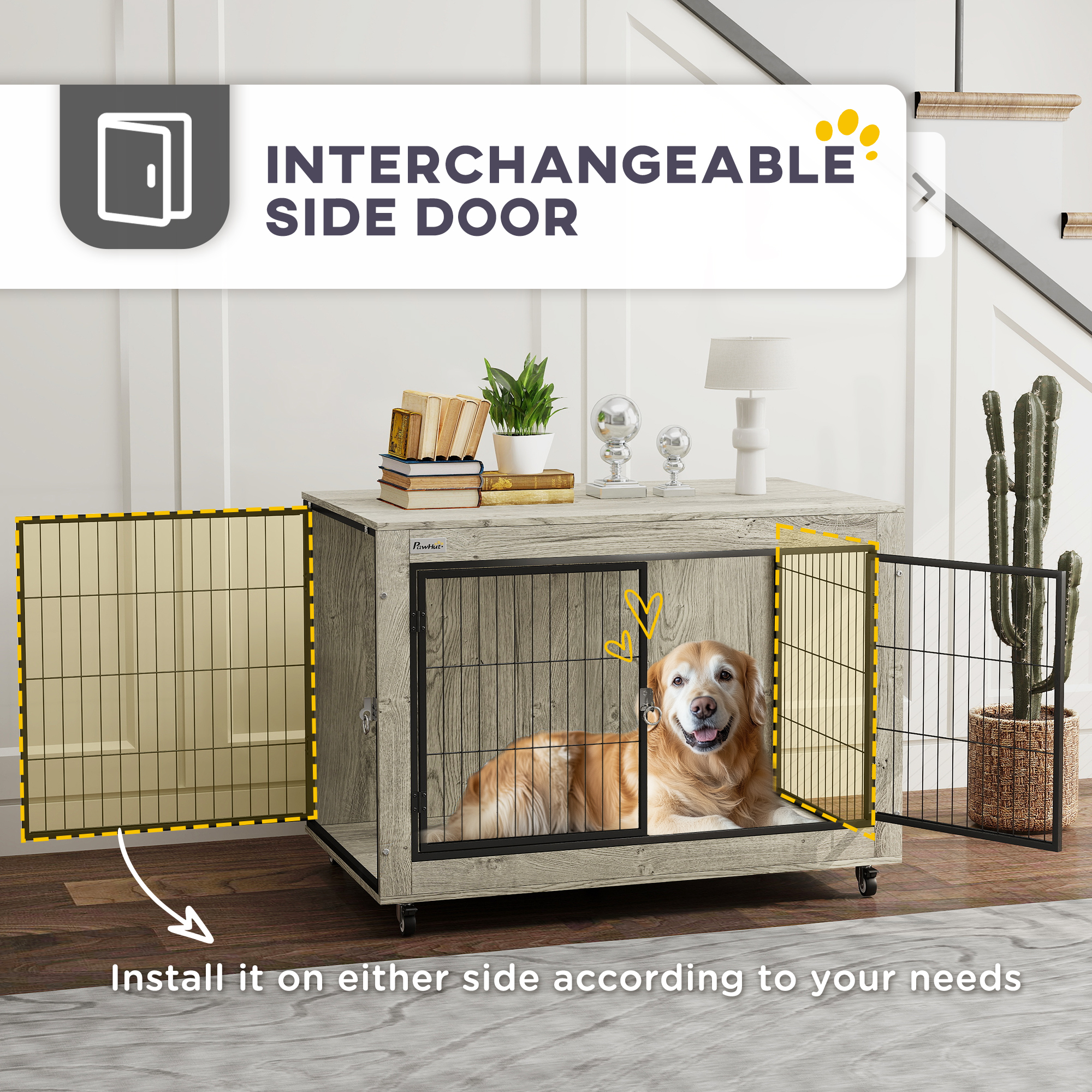 PawHut Dog Crate Furniture with Wheels, Double Doors, for Large Dogs, Grey 5