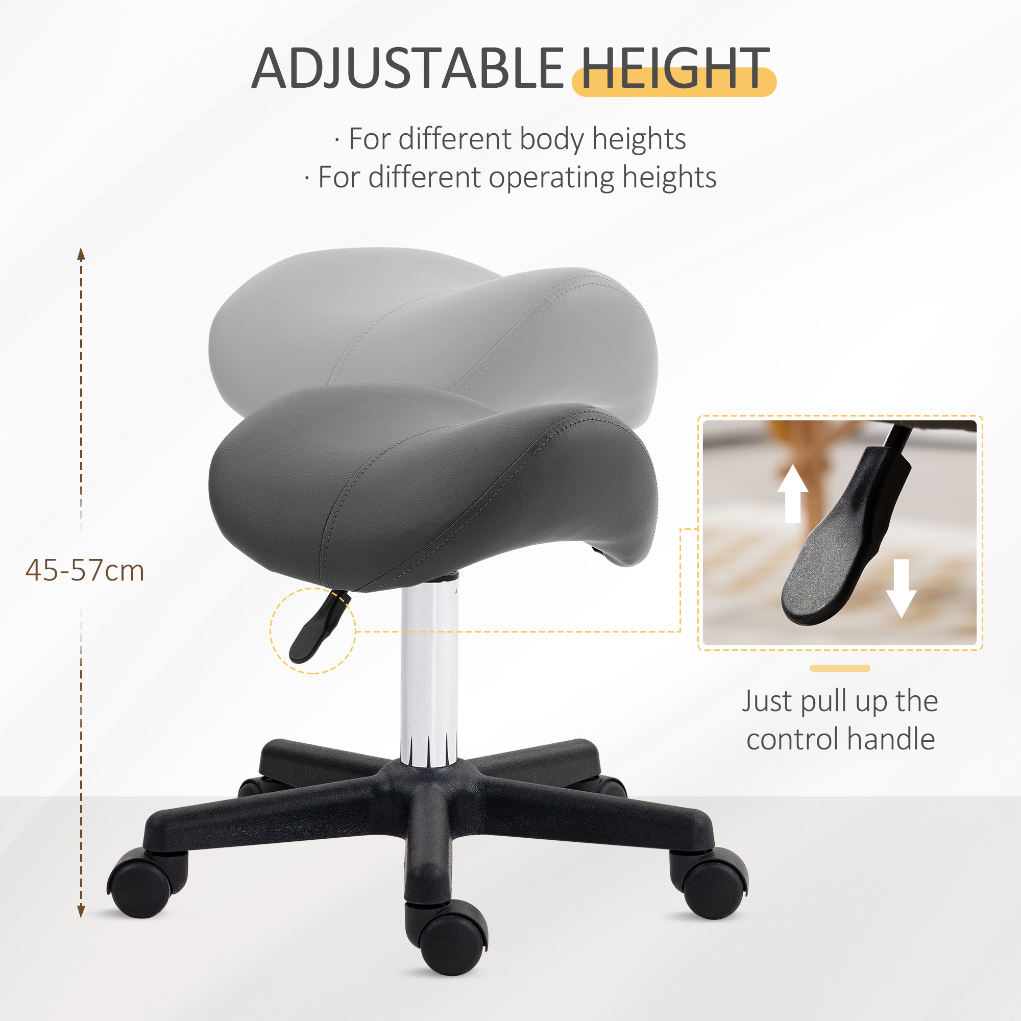 HOMCOM Saddle Stool, PU Leather Adjustable Rolling Salon Chair with Steel Frame for Massage, Spa, Beauty and Tattoo, Grey 4