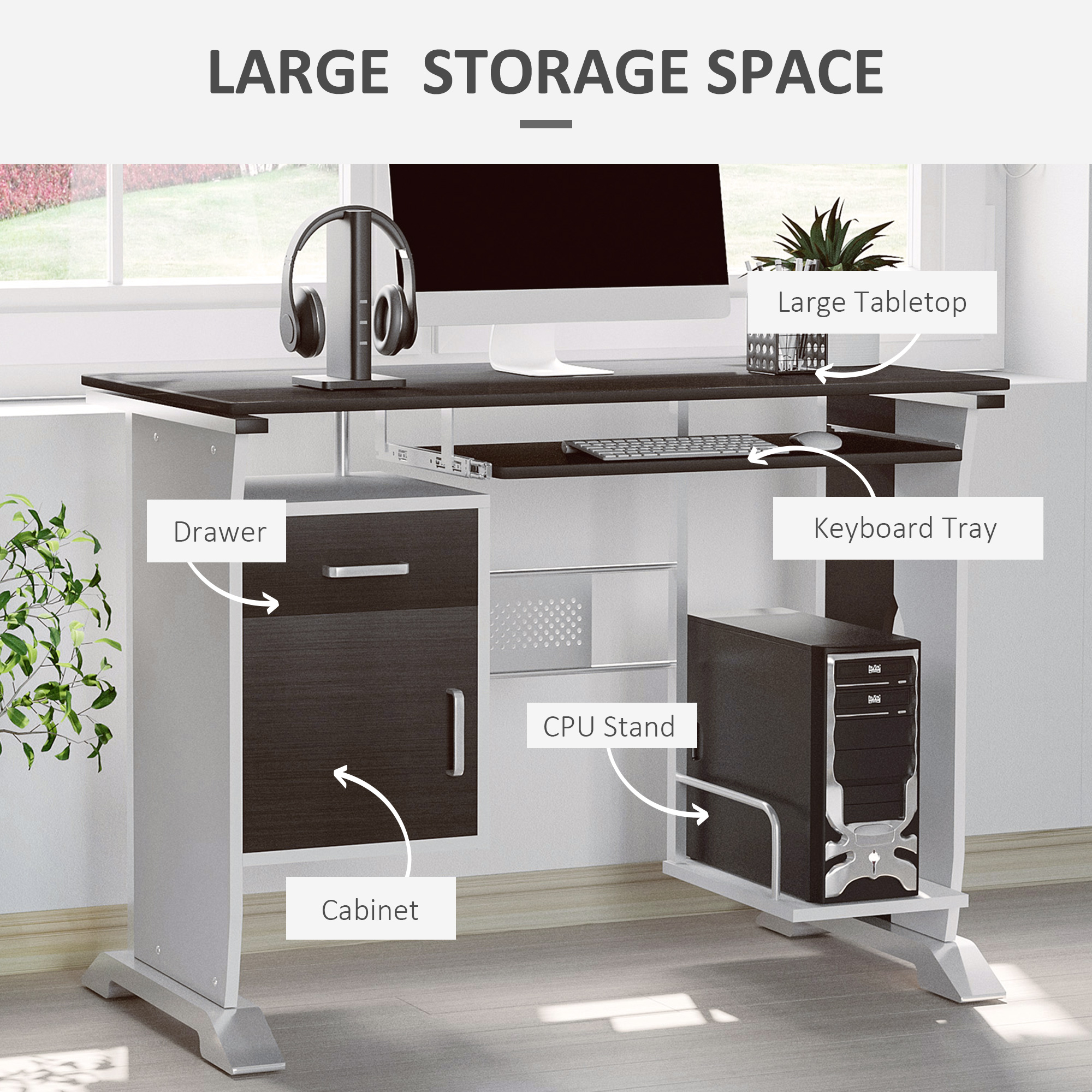 HOMCOM Computer Desk with Sliding Keyboard Tray, Storage Drawers and Host Box Shelf, Home Office Desk, Study Workstation, 100 x 52 x 75cm, Black Walnut 4