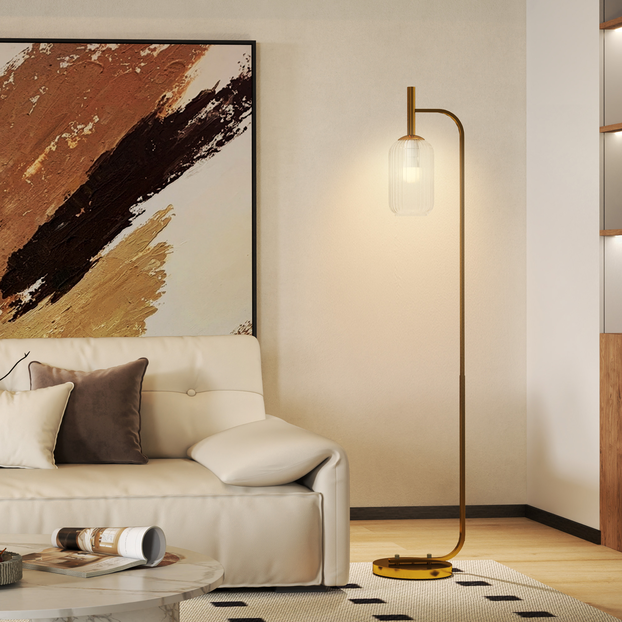 HOMCOM Floor Lamp for Living Room with Glass Lampshade, Modern Standing Lamp with Foot Switch for Bedroom, Bulb not Included, Gold Tone 2
