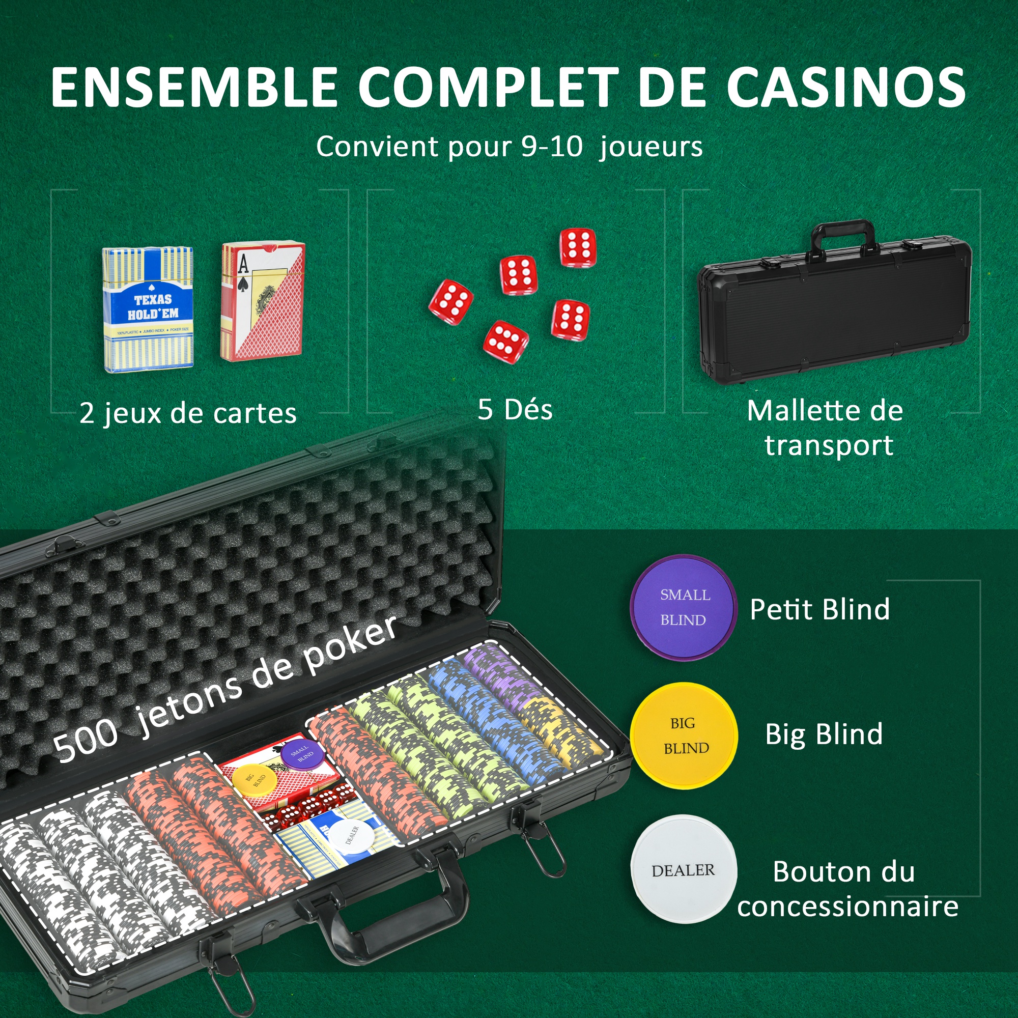 Mallette de Poker Coffret de Poker Complet, verrouillable, avec 300 jetons 2 Jeux de Cartes 3 Mallette de Poker Coffret de Poker Complet, verrouillable, avec 300 jetons 2 Jeux de Cartes 3