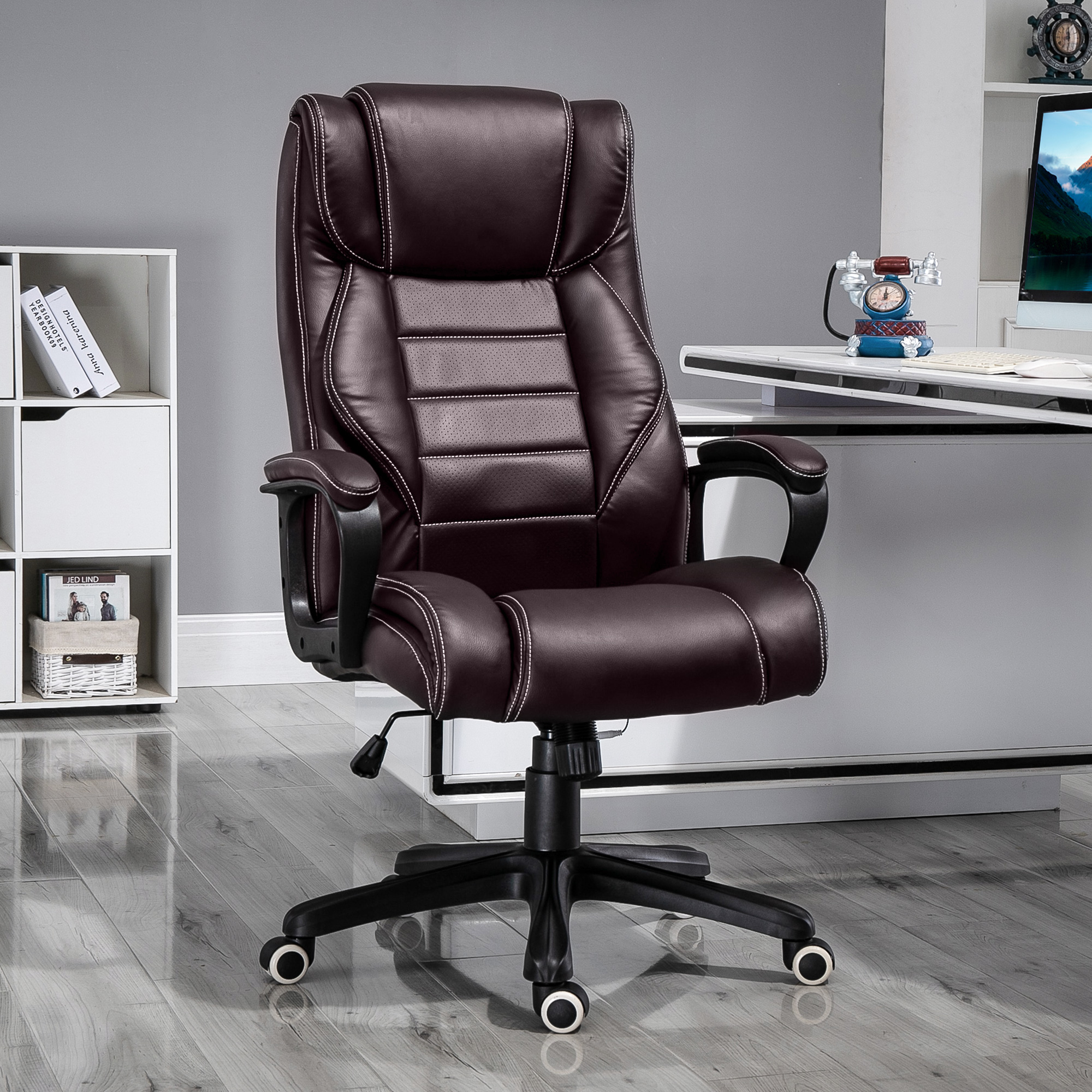 Vinsetto Office Chair with 6-Point Maaage, PU Desk Chair with Padded Seat and Armrest, Computer Chair with Tilt Function for Home, Brown 2