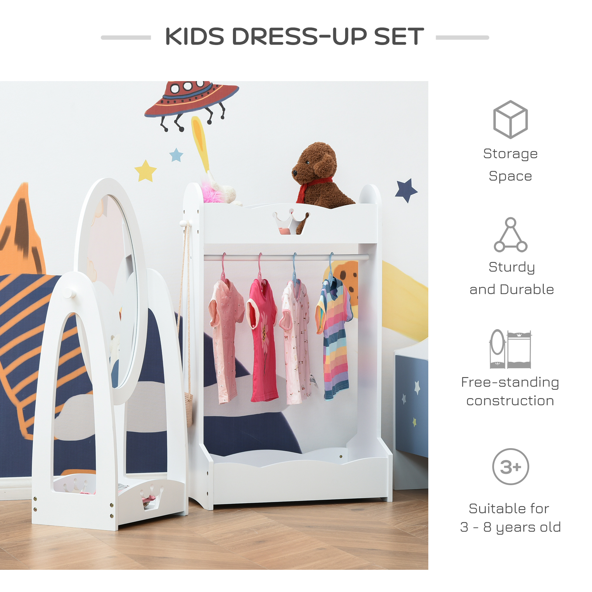 HOMCOM Kids Clothes Rail and Mirror Set 360° Rotation Free Standing Full Length Mirror and Hanging Rack with Storage Shelves Child's Dressing Mirror Garment Wardrobe White 7