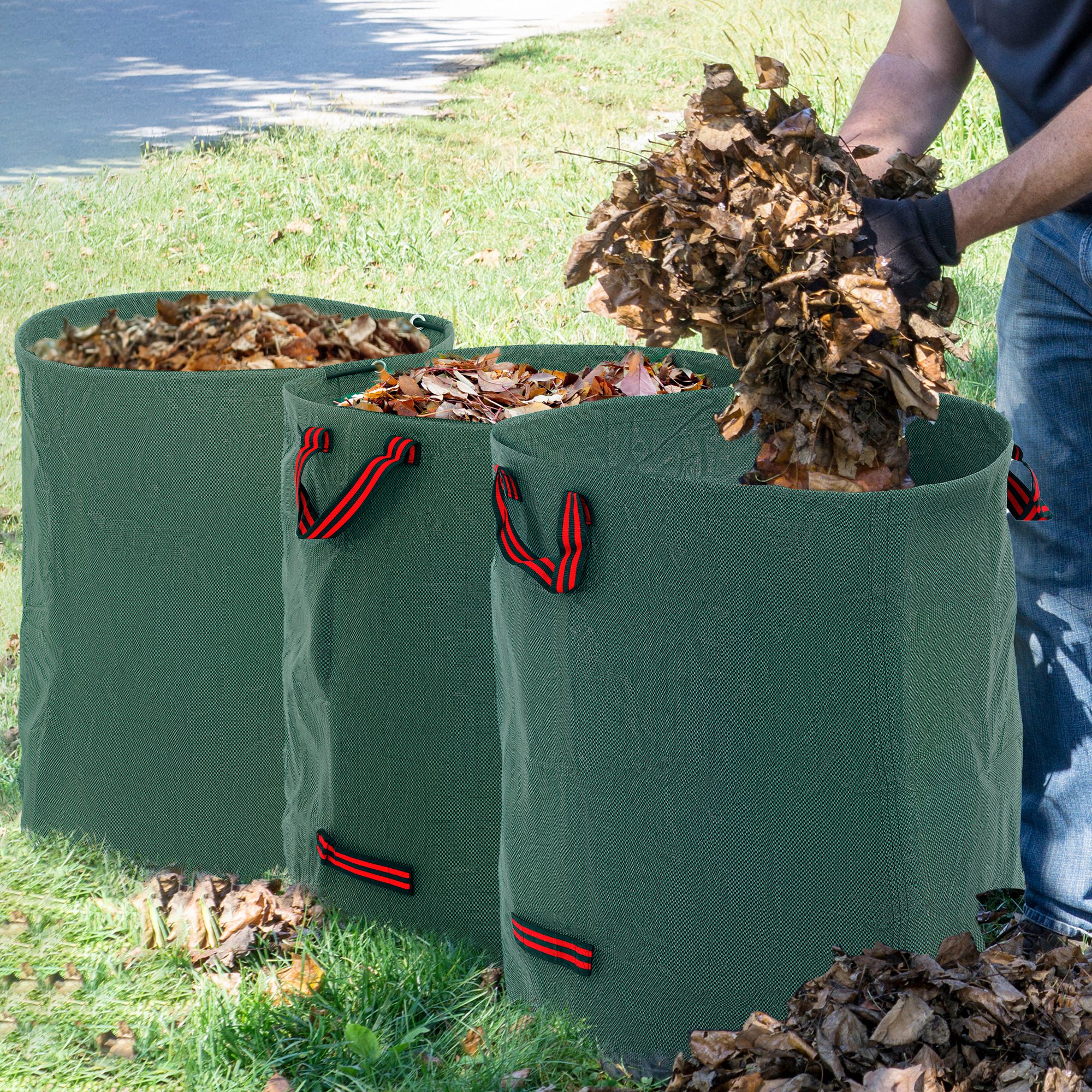 Outsunny Garden Waste Bags, 272L x 3 Heavy Duty Garden Bags, Foldable and Reusable Waste Sacks with Handles for Loading Leaf, Trash, Debris, Green