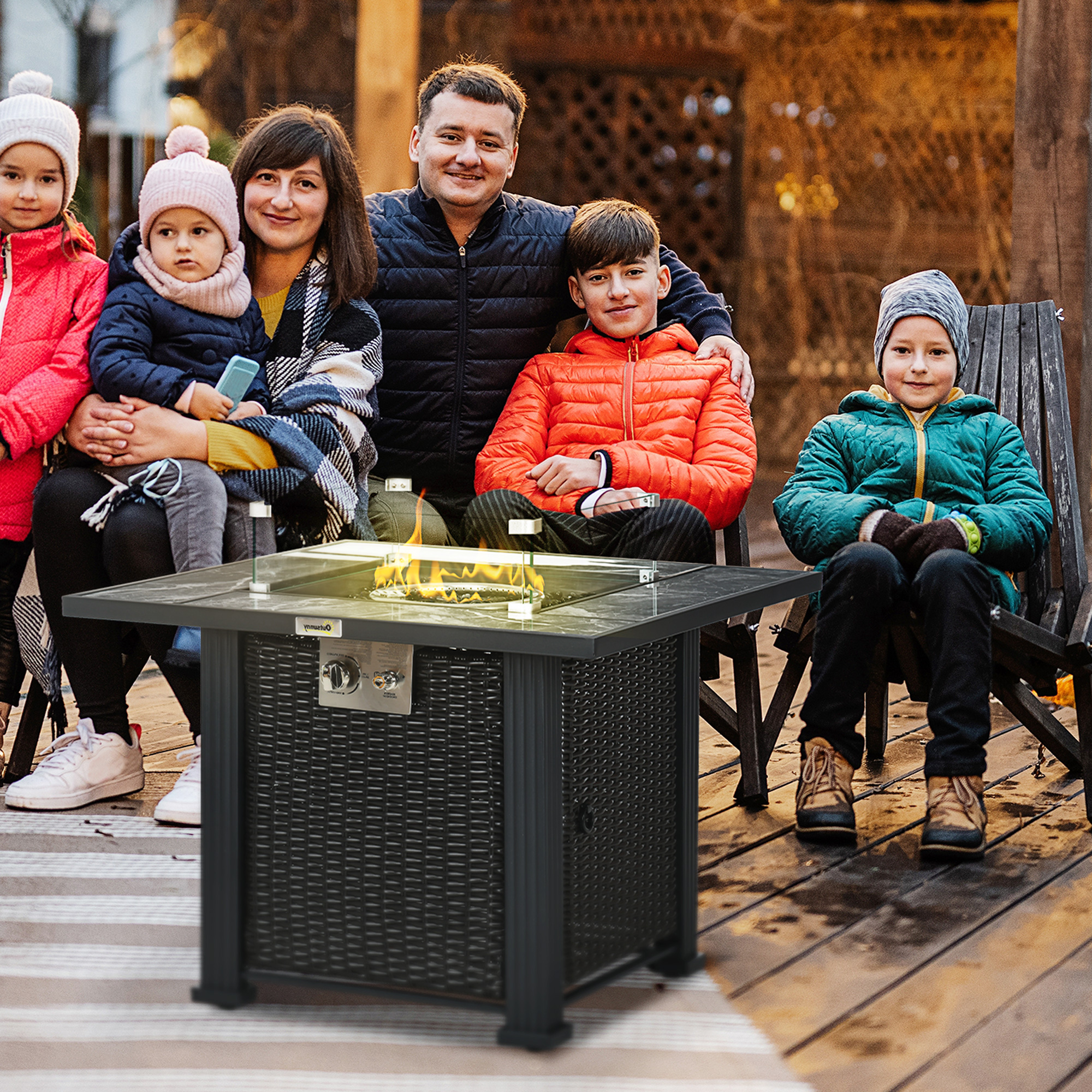Outsunny Outdoor PE Rattan Gas Fire Pit Table, Patio Square Propane Heater with Marble Desktop, Rain Cover, Glass Windscreen, and Glass Stones, 50,000 BTU, Black 2