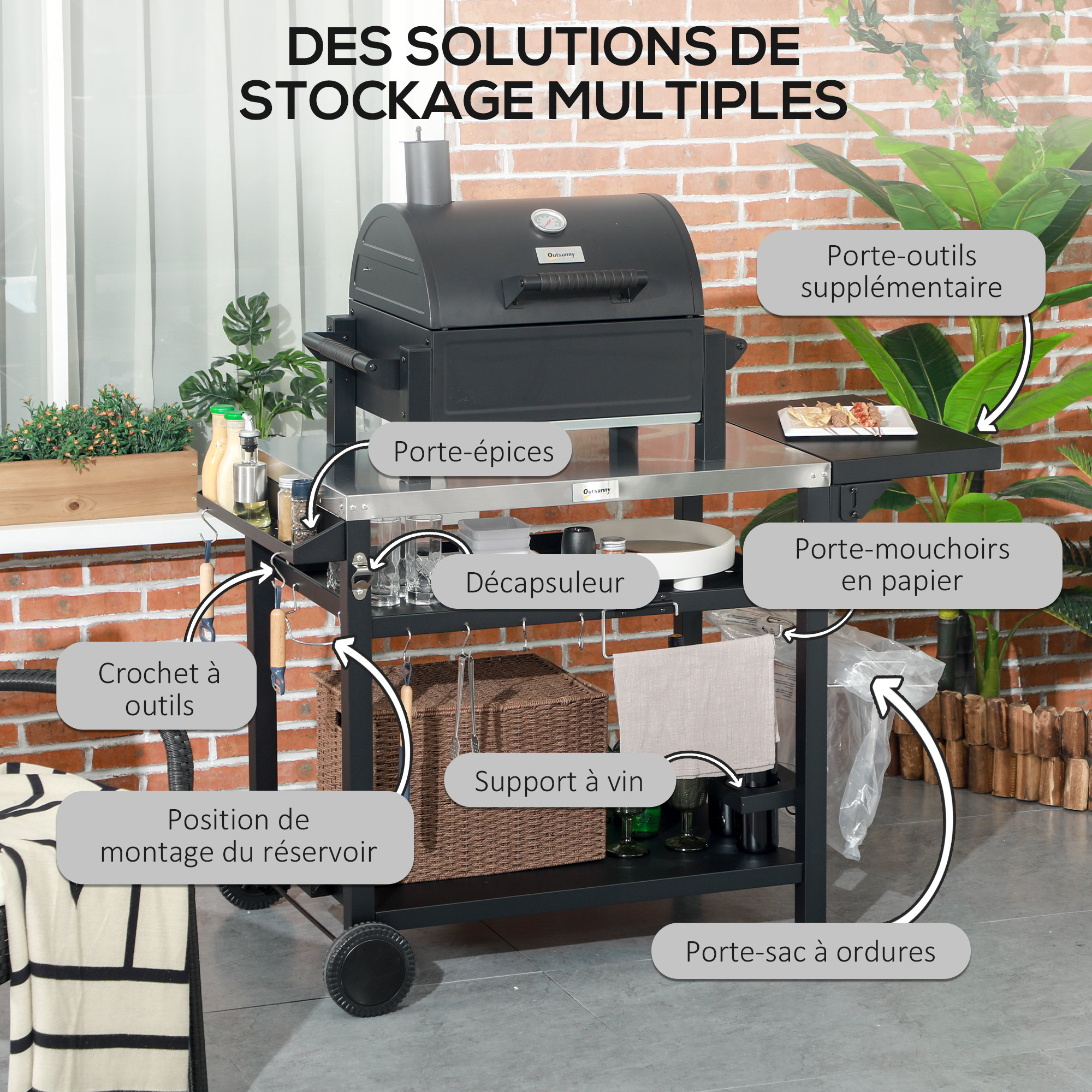 Chariot/table Pour Barbecue Extérieur Outsunny - Acier Inox, étagère Pliante, Roues, Housse Incluse