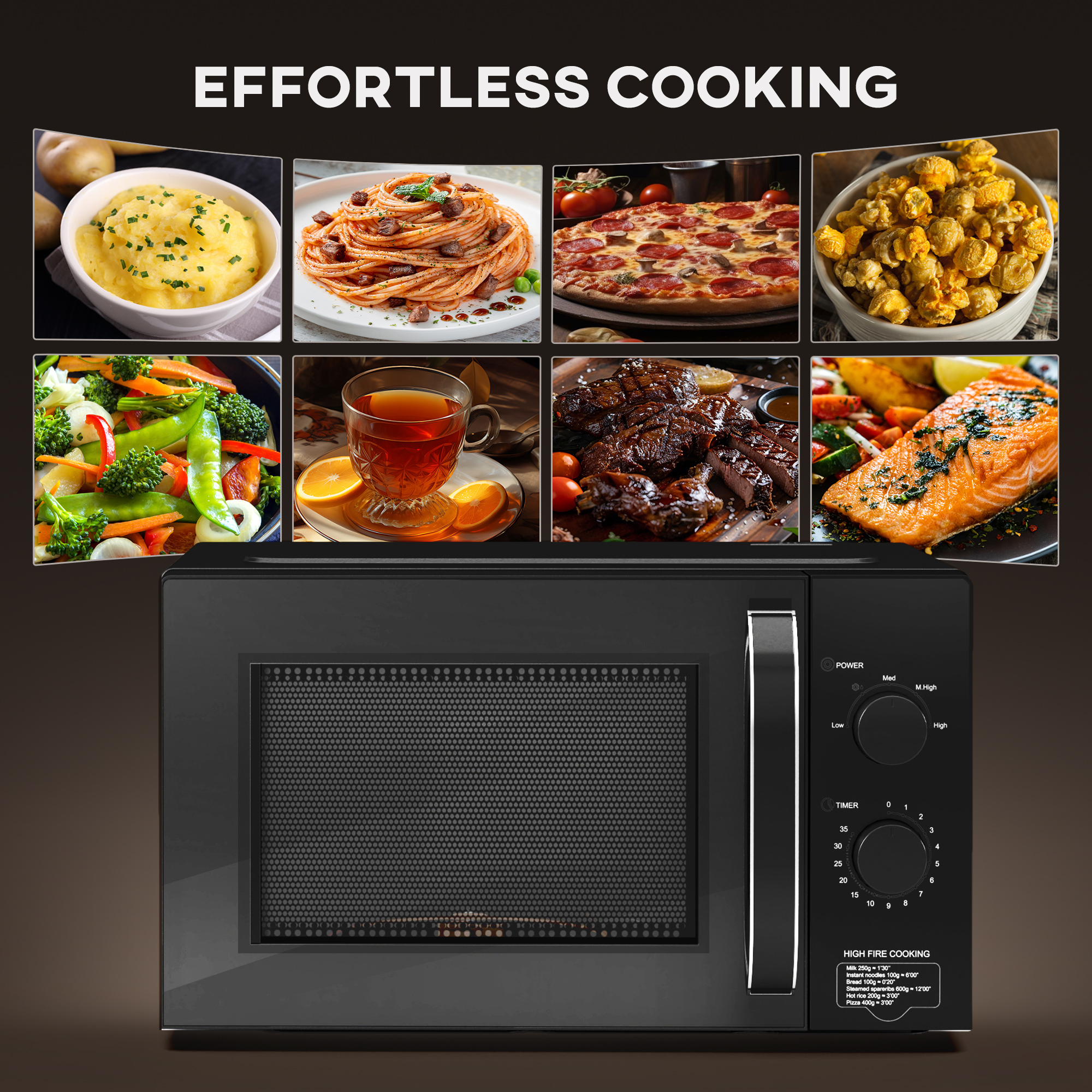 HOMCOM 23L 800W Microwave Oven, Solo Manual Microwave with 5 Power Levels, Defrost, 35 Minutes Timer, Clock, Easy Clean, Small Black Microwave 8