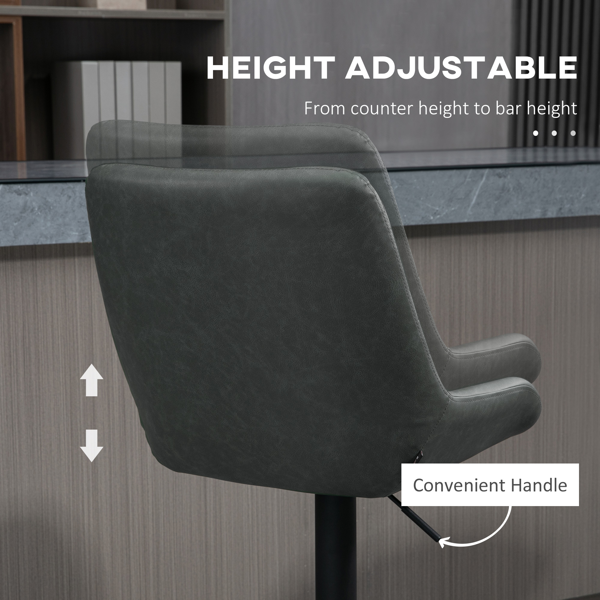 HOMCOM Retro Bar Stools Set of 2, Adjustable Kitchen Stool, Upholstered Bar Chairs with Back, Swivel Seat, Dark Grey 5