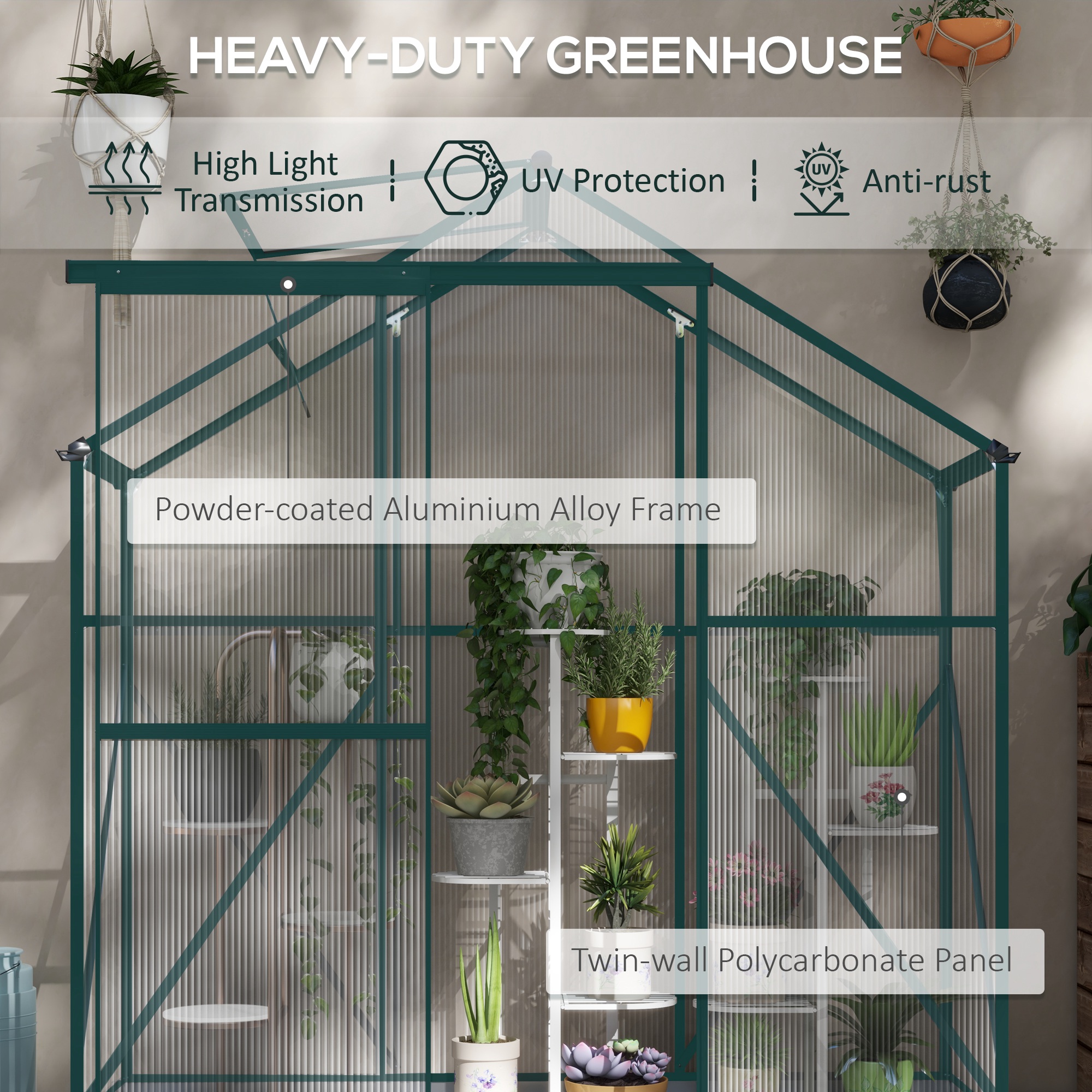 Outsunny 6 x 2.5ft Polycarbonate Greenhouse Walk-In Green House with Rain Gutter, Sliding Door, Window, Foundation, Green 4