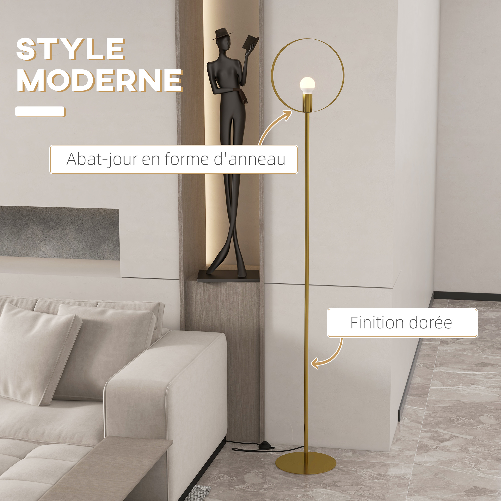 Lampadaire - HOMCOM - lampe salon arc abat-jour argenté E27 40 W pied marbre - métal - noir gris - Maison