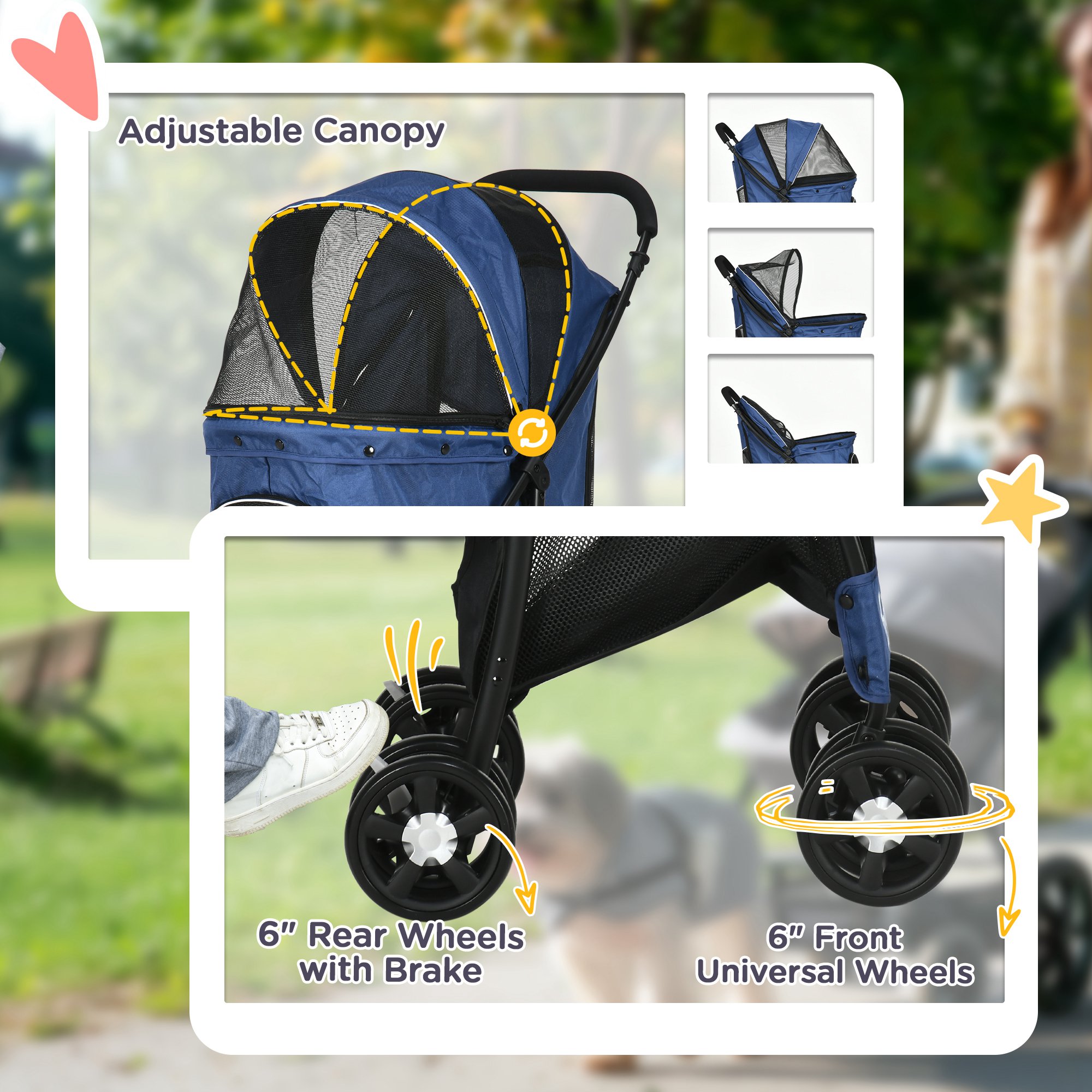 PawHut Foldable Pet Stroller for Dogs, Puppy Stroller, with Large Carriage, Brakes, Canopy Blue 6